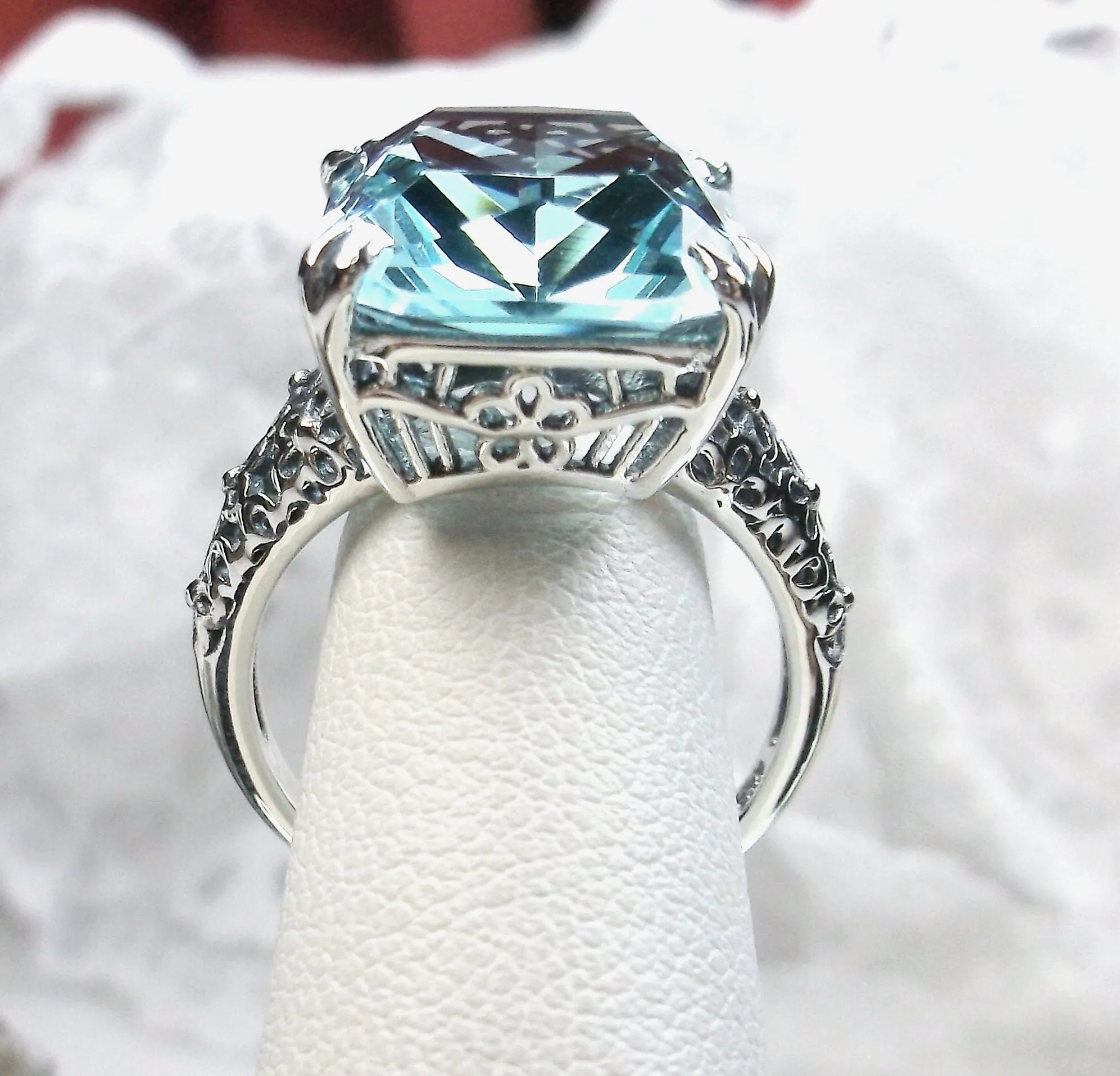 Aquamarine Ring, Floral Vintage Filigree Jewelry Design #224