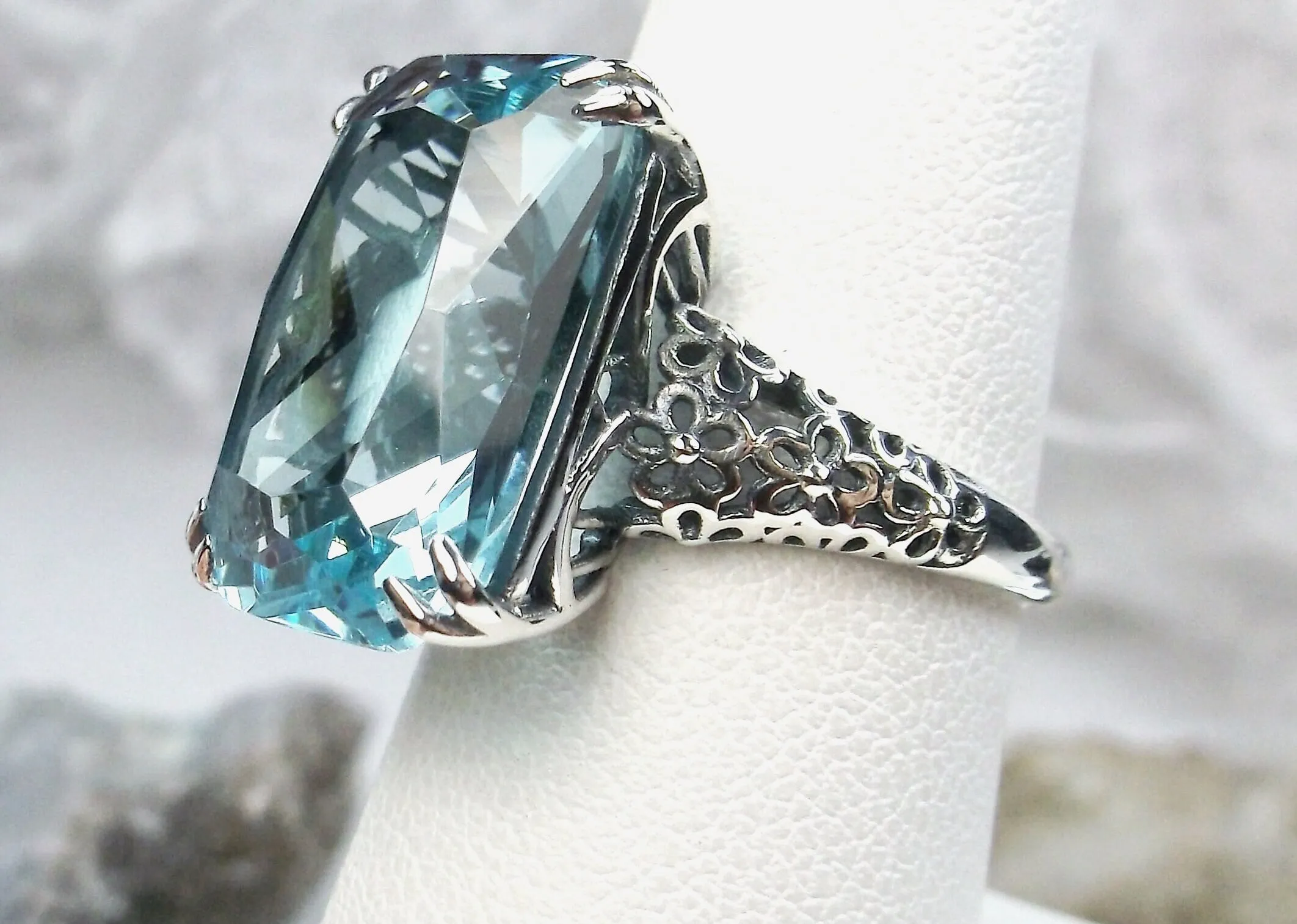 Aquamarine Ring, Floral Vintage Filigree Jewelry Design #224