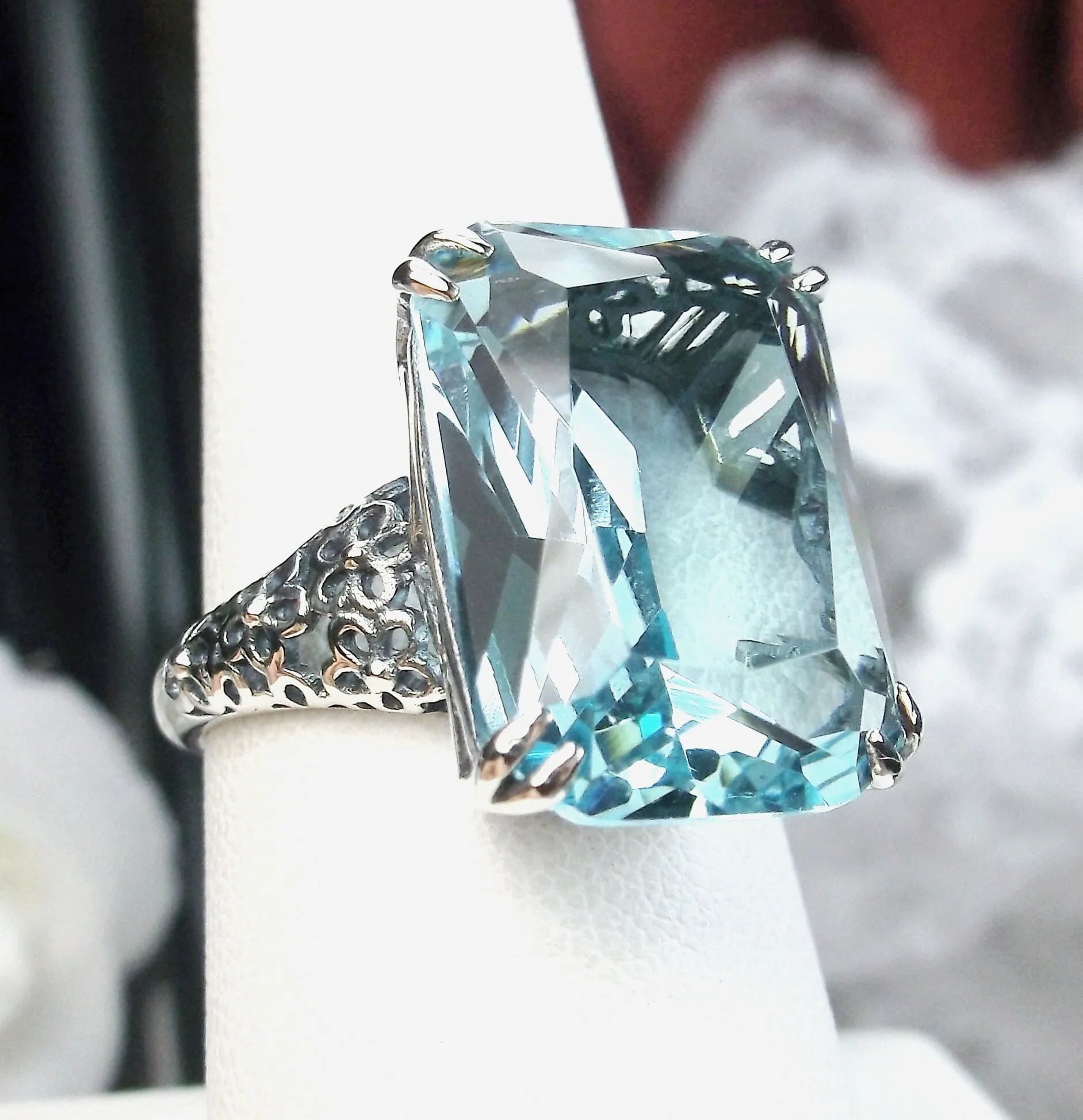 Aquamarine Ring, Floral Vintage Filigree Jewelry Design #224