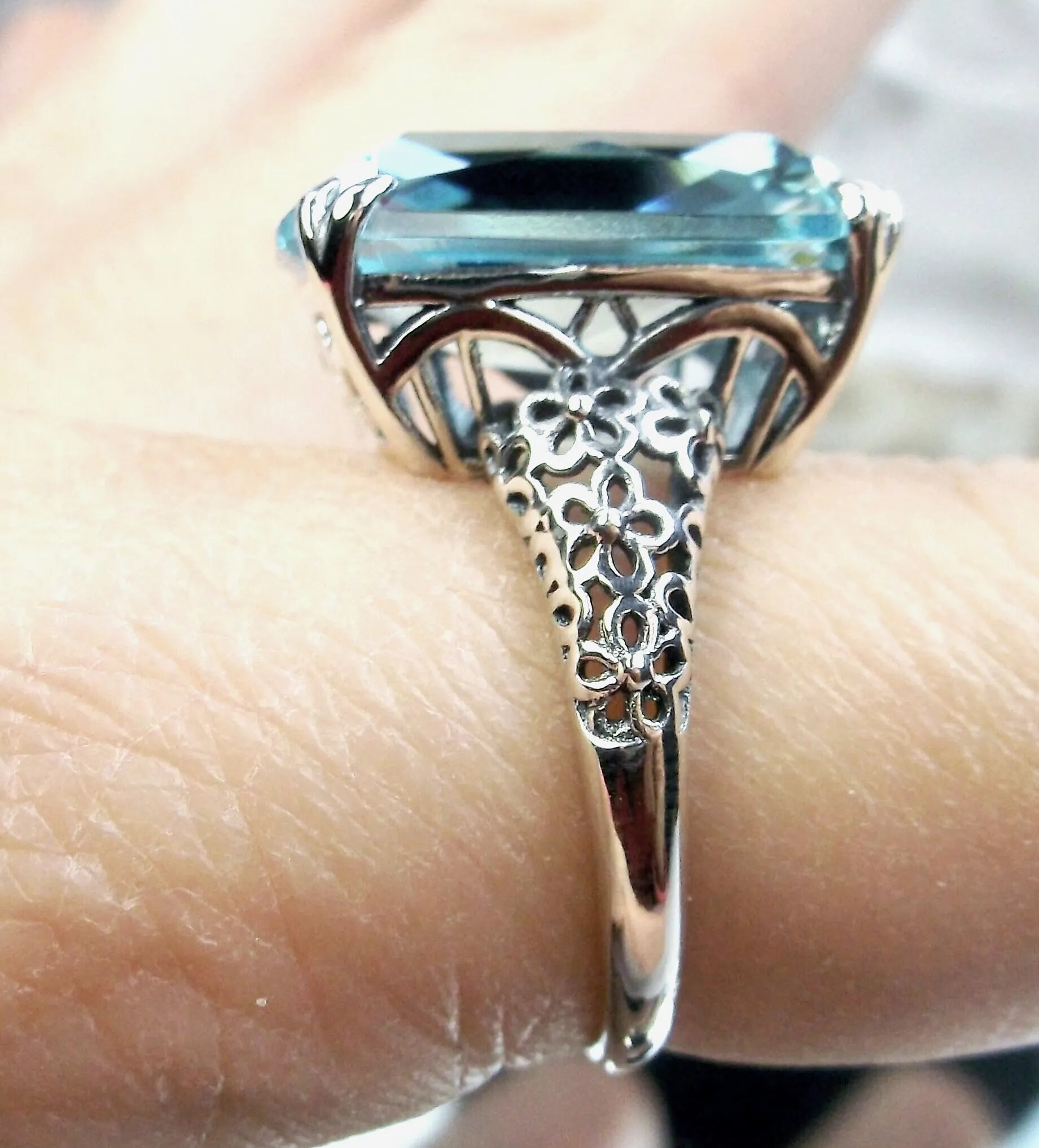 Aquamarine Ring, Floral Vintage Filigree Jewelry Design #224
