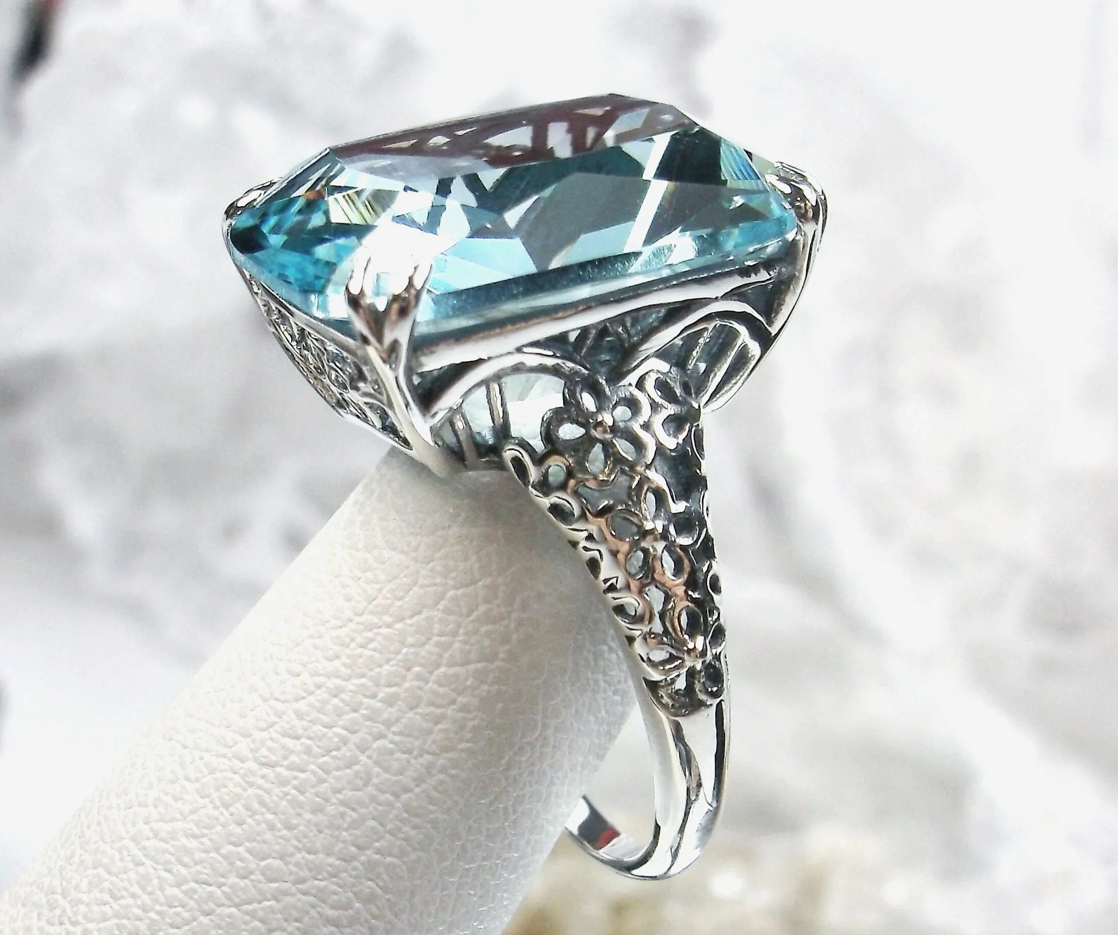 Aquamarine Ring, Floral Vintage Filigree Jewelry Design #224