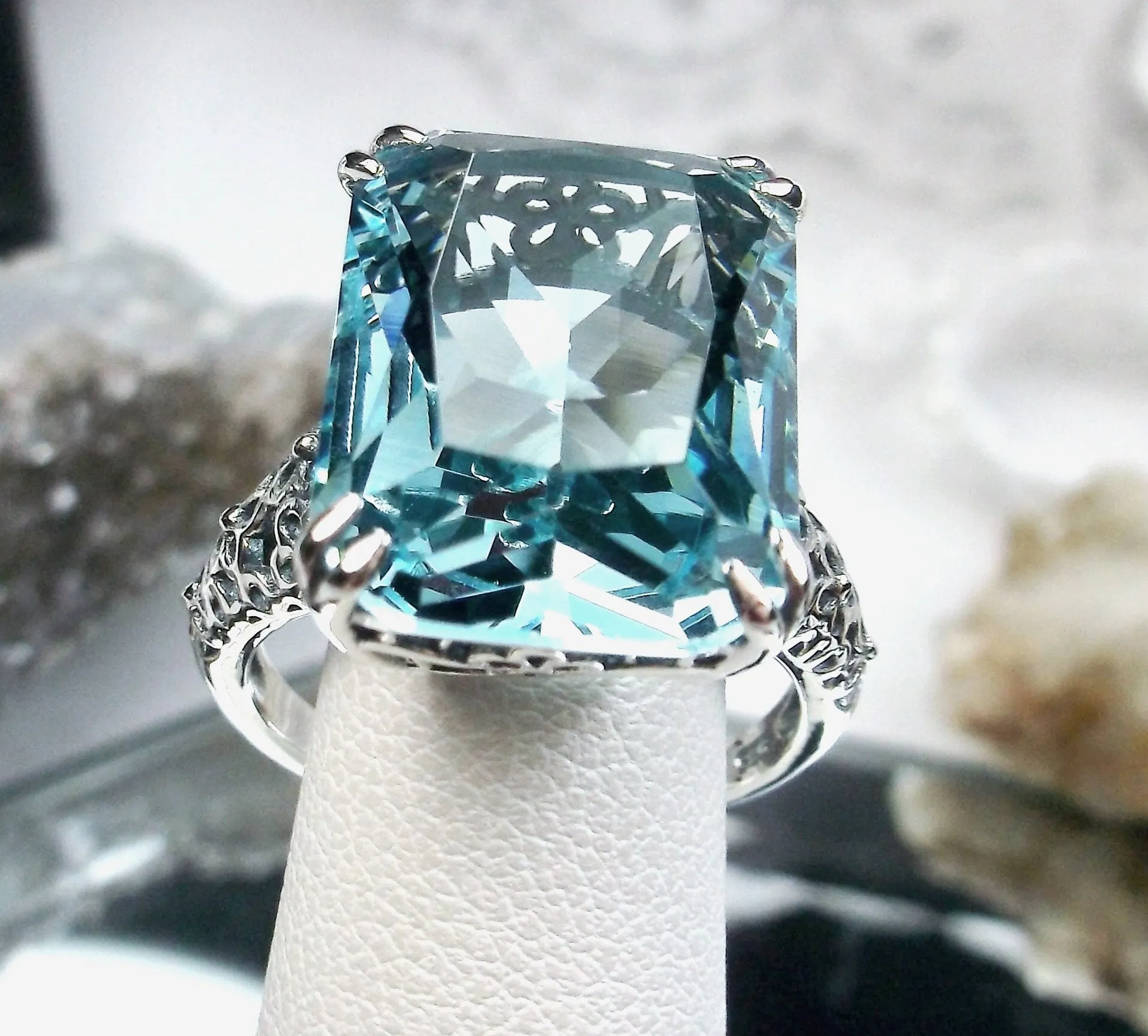 Aquamarine Ring, Floral Vintage Filigree Jewelry Design #224