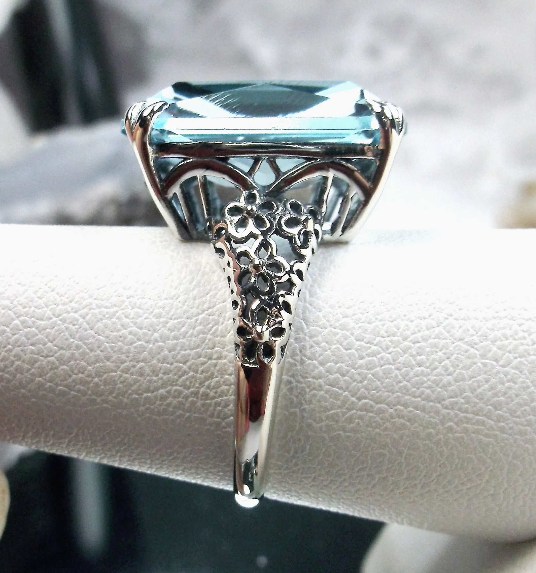 Aquamarine Ring, Floral Vintage Filigree Jewelry Design #224