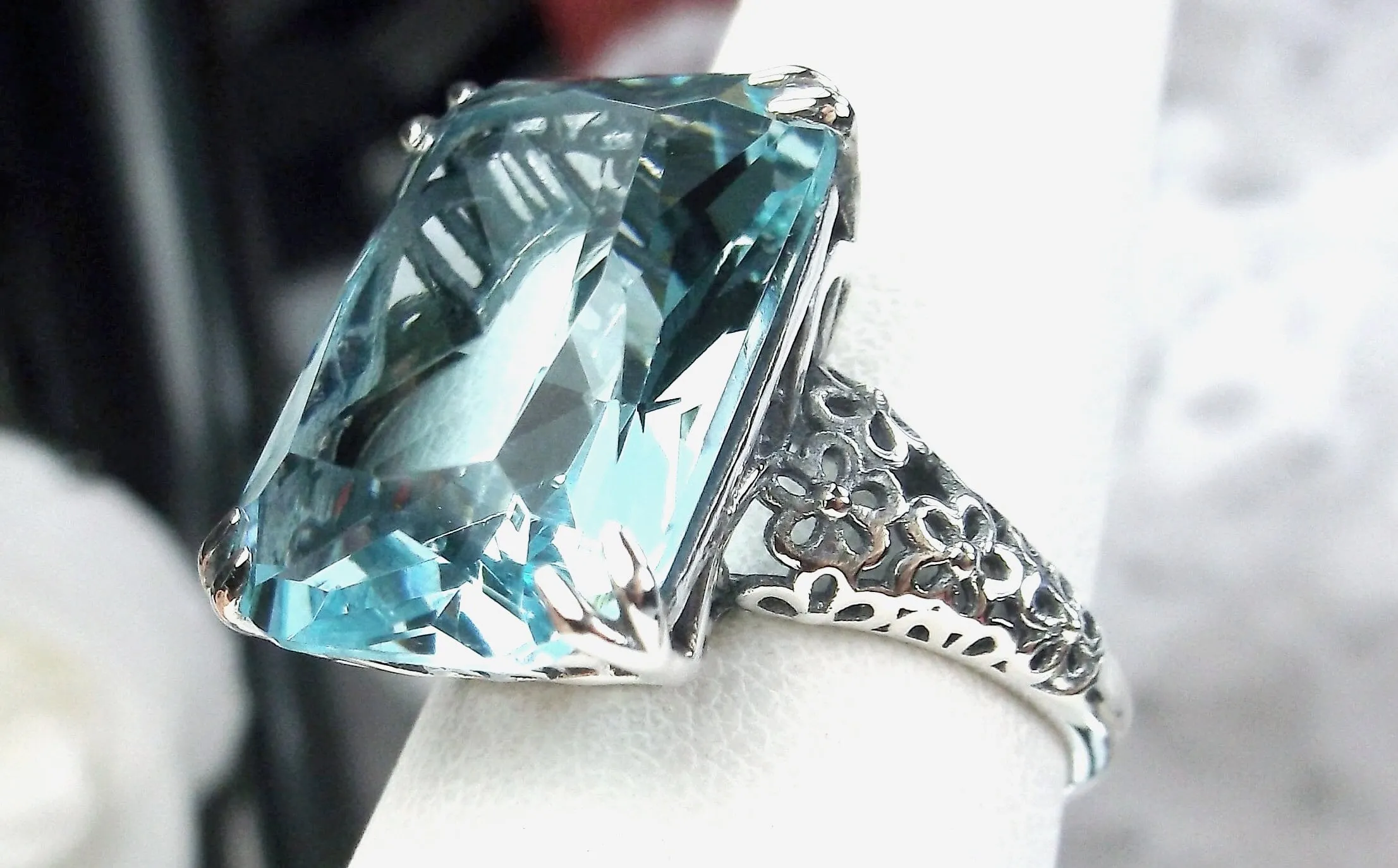 Aquamarine Ring, Floral Vintage Filigree Jewelry Design #224