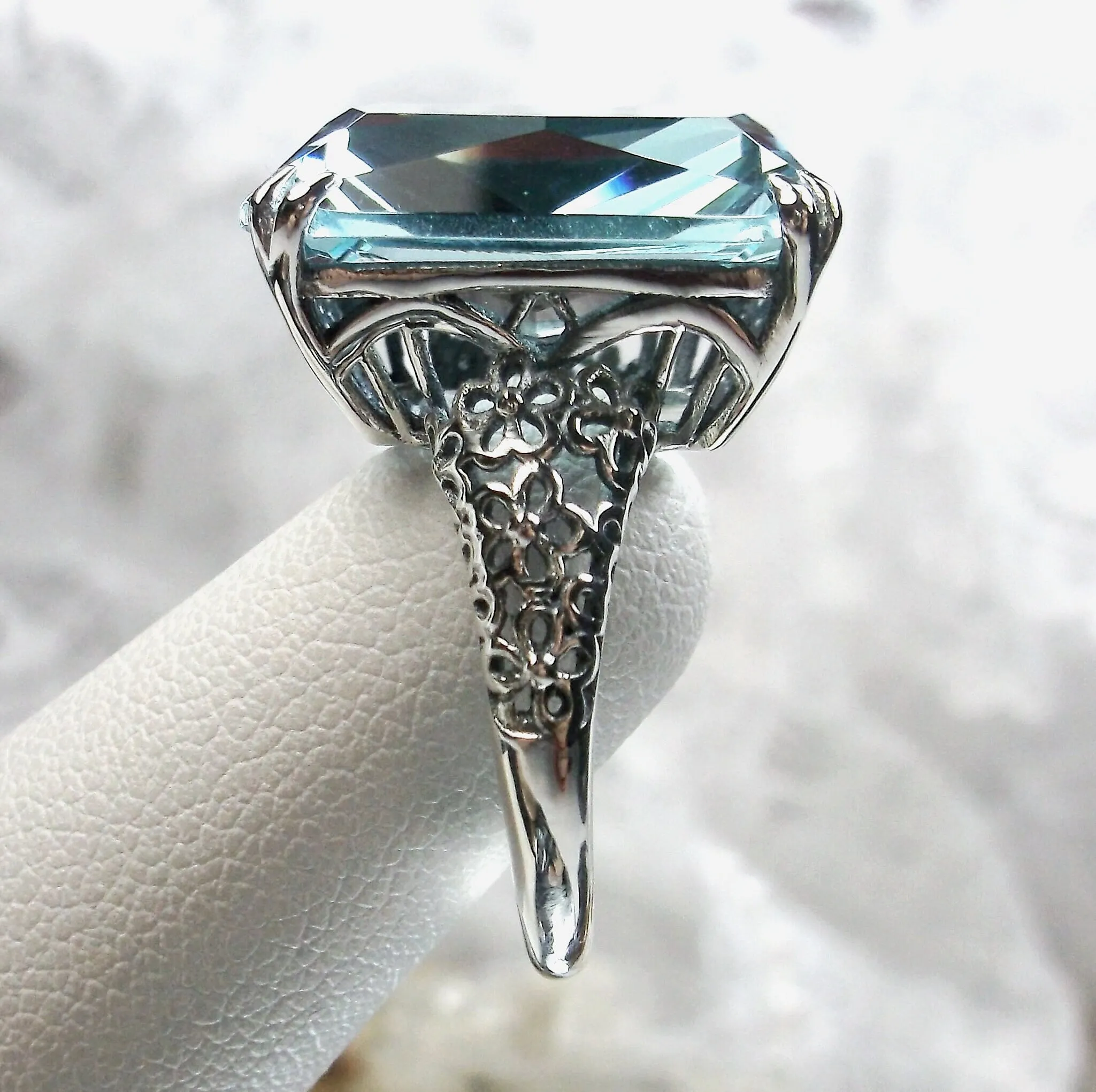 Aquamarine Ring, Floral Vintage Filigree Jewelry Design #224