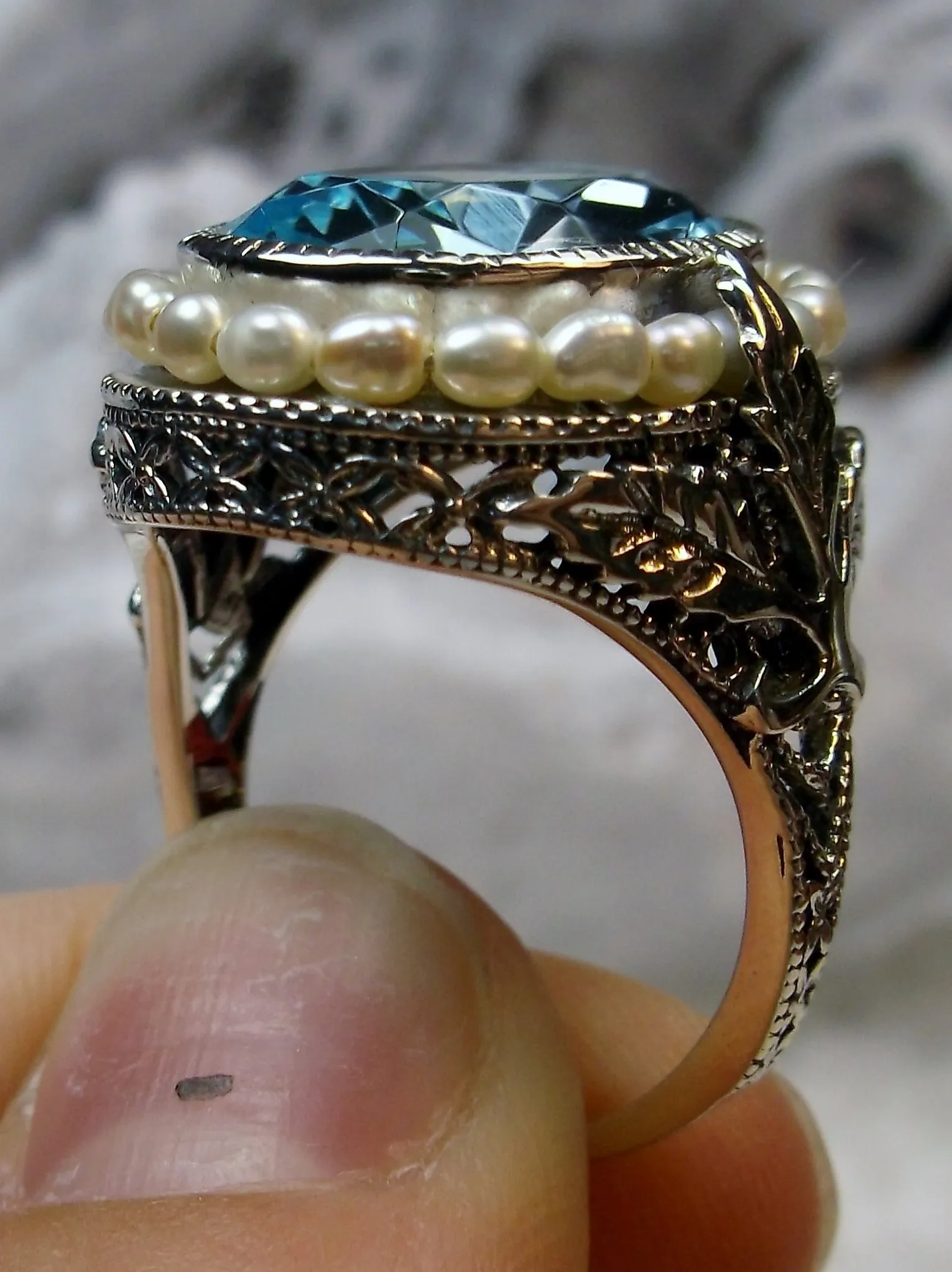 Aquamarine Ring, Garden Leaf Silver Filigree, Victorian Jewelry #D156
