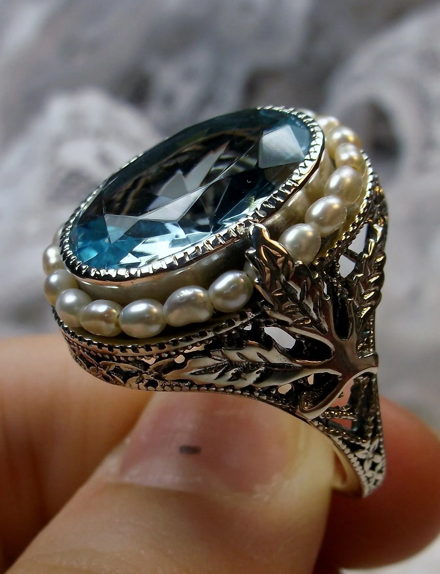 Aquamarine Ring, Garden Leaf Silver Filigree, Victorian Jewelry #D156