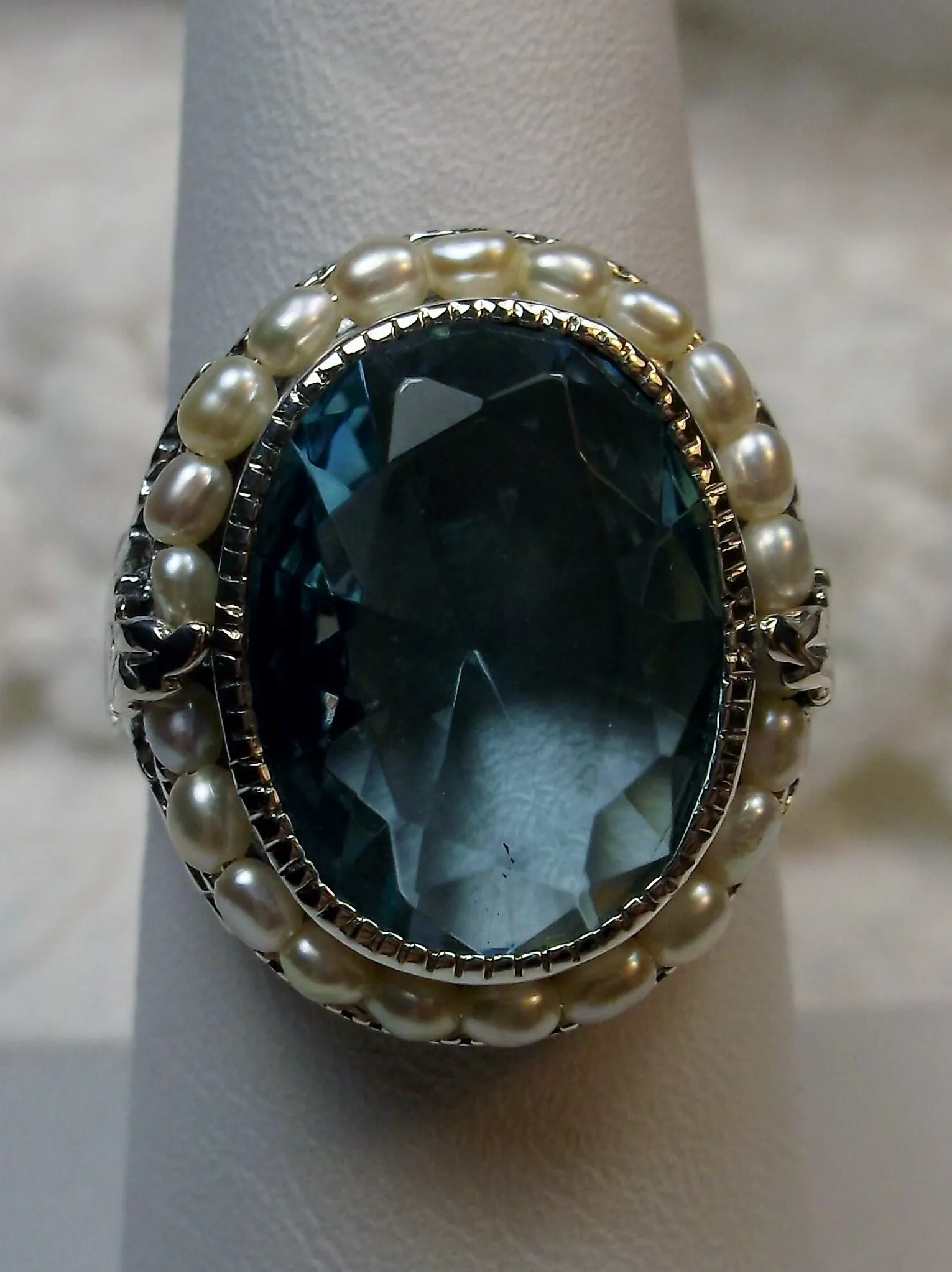 Aquamarine Ring, Garden Leaf Silver Filigree, Victorian Jewelry #D156