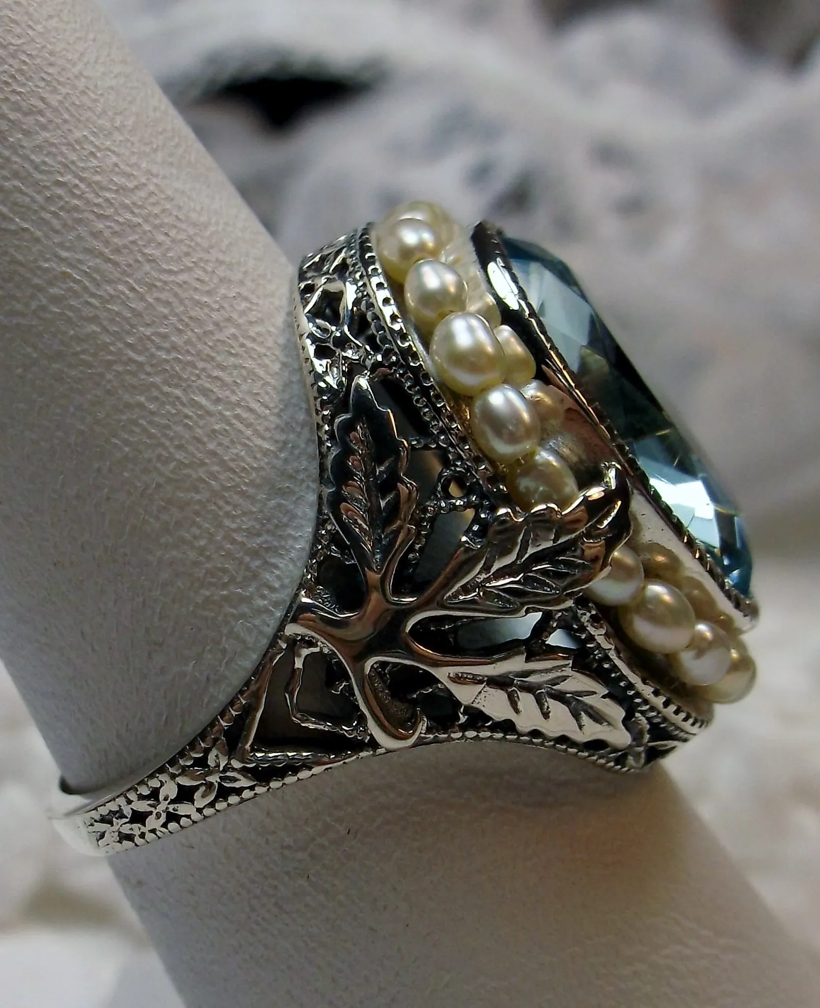 Aquamarine Ring, Garden Leaf Silver Filigree, Victorian Jewelry #D156