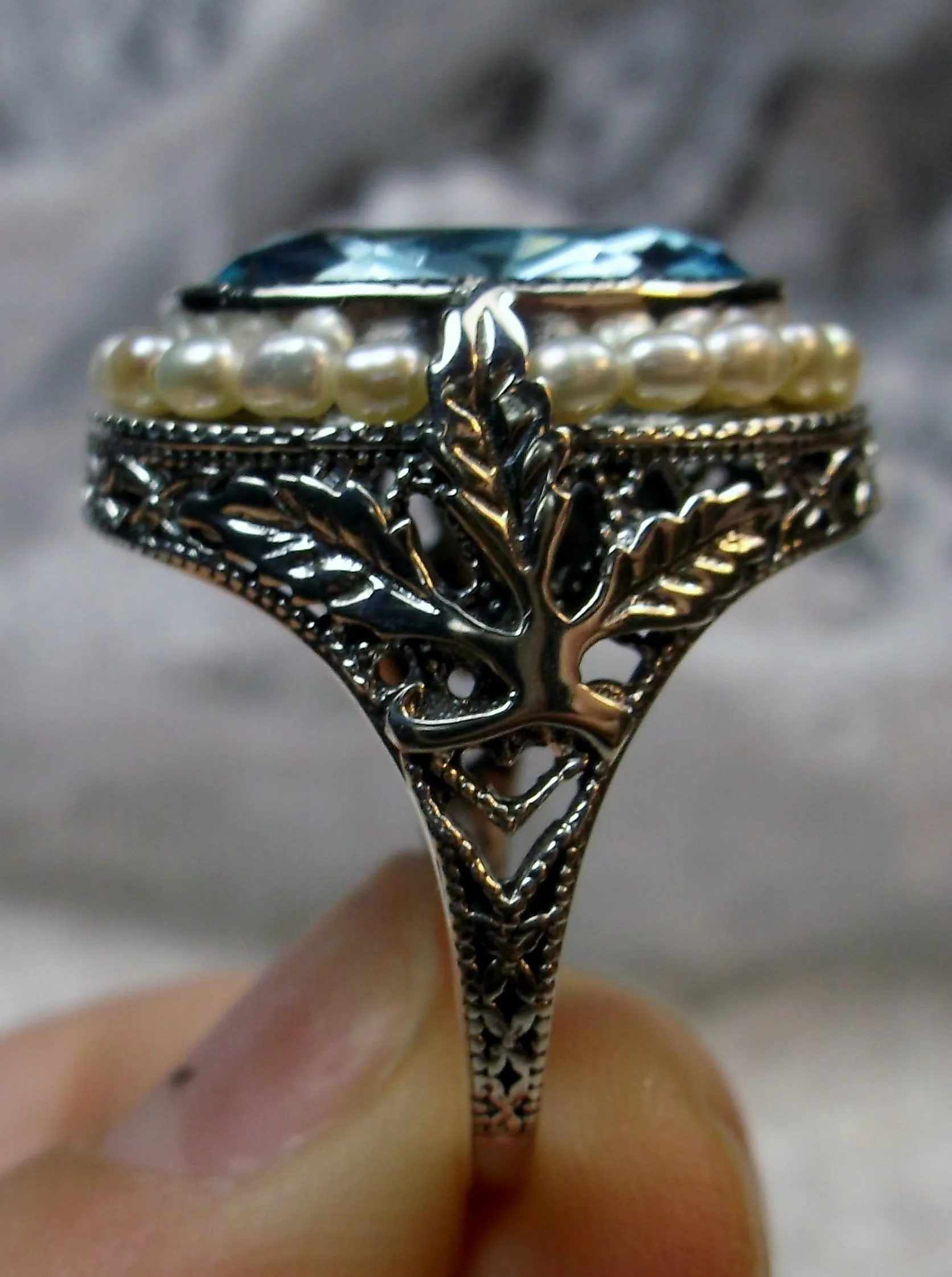 Aquamarine Ring, Garden Leaf Silver Filigree, Victorian Jewelry #D156