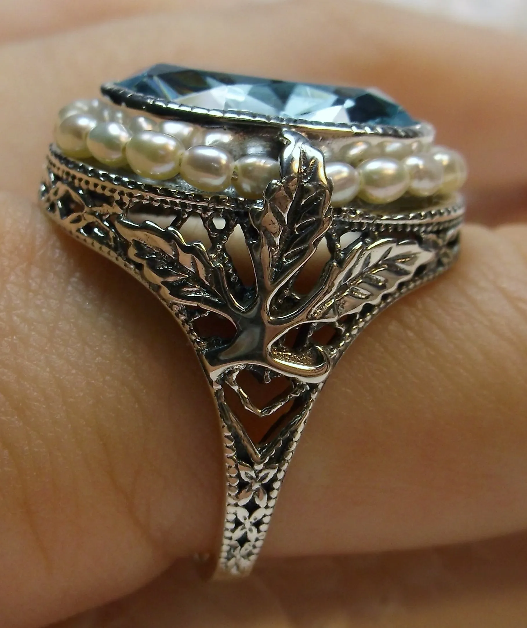 Aquamarine Ring, Garden Leaf Silver Filigree, Victorian Jewelry #D156