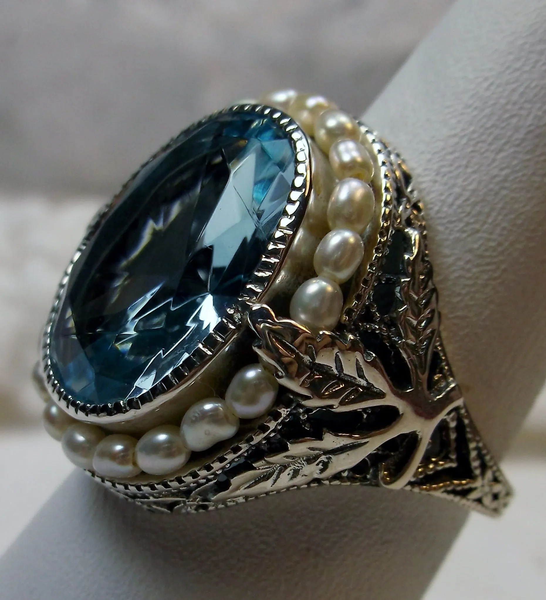 Aquamarine Ring, Garden Leaf Silver Filigree, Victorian Jewelry #D156