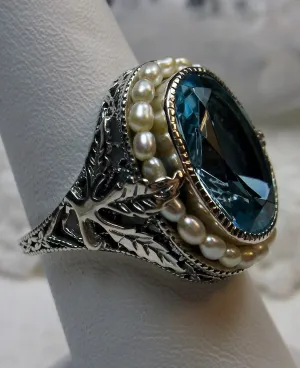 Aquamarine Ring, Garden Leaf Silver Filigree, Victorian Jewelry #D156