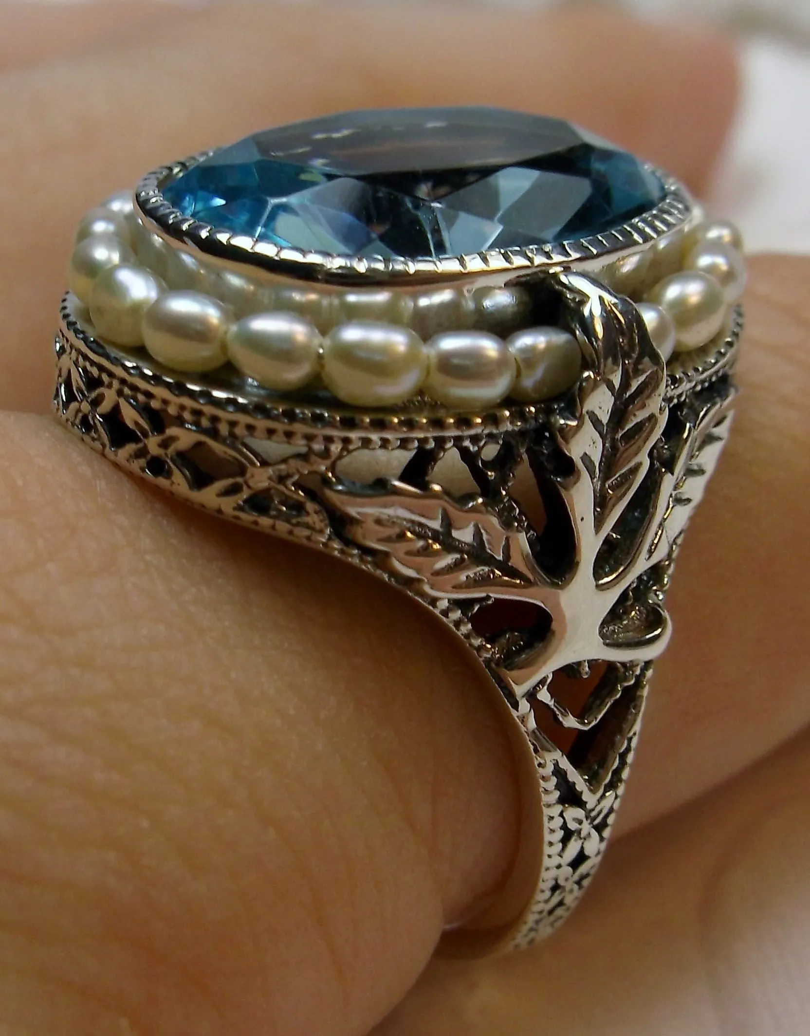Aquamarine Ring, Garden Leaf Silver Filigree, Victorian Jewelry #D156