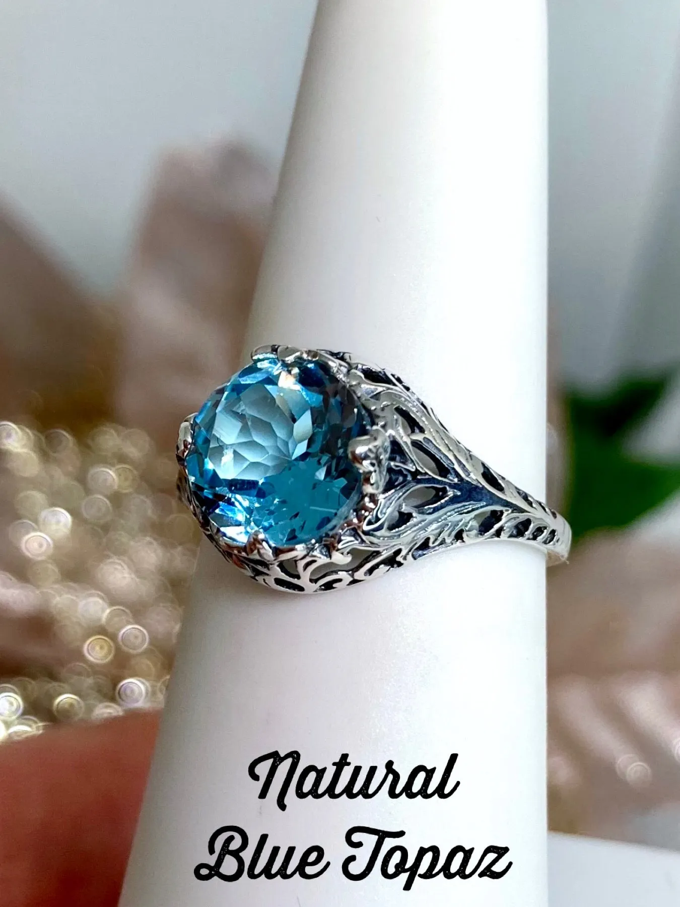 Aquamarine Ring, Natural or Simulated Blue Gemstone, Victorian Jewelry #D198