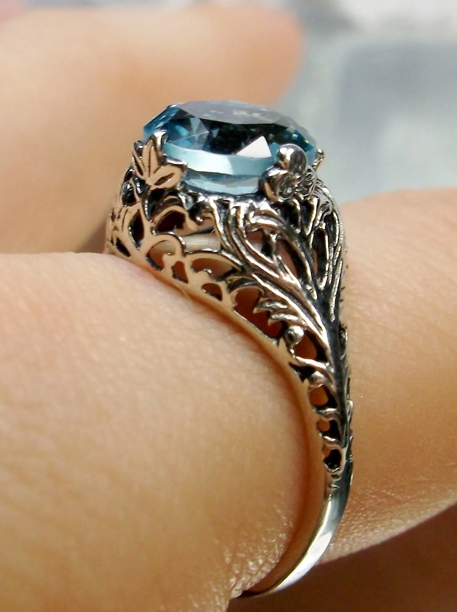 Aquamarine Ring, Natural or Simulated Blue Gemstone, Victorian Jewelry #D198