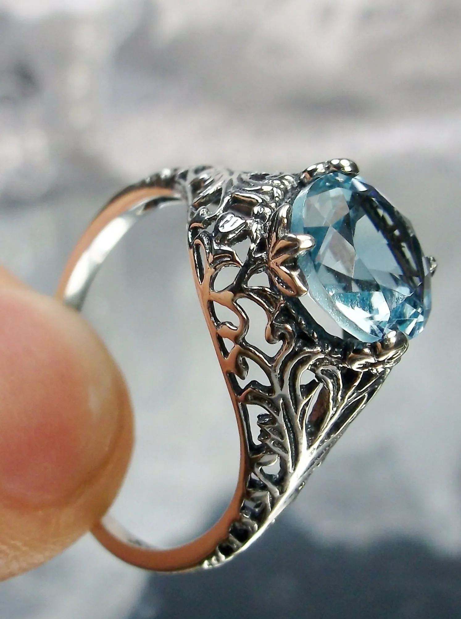 Aquamarine Ring, Natural or Simulated Blue Gemstone, Victorian Jewelry #D198