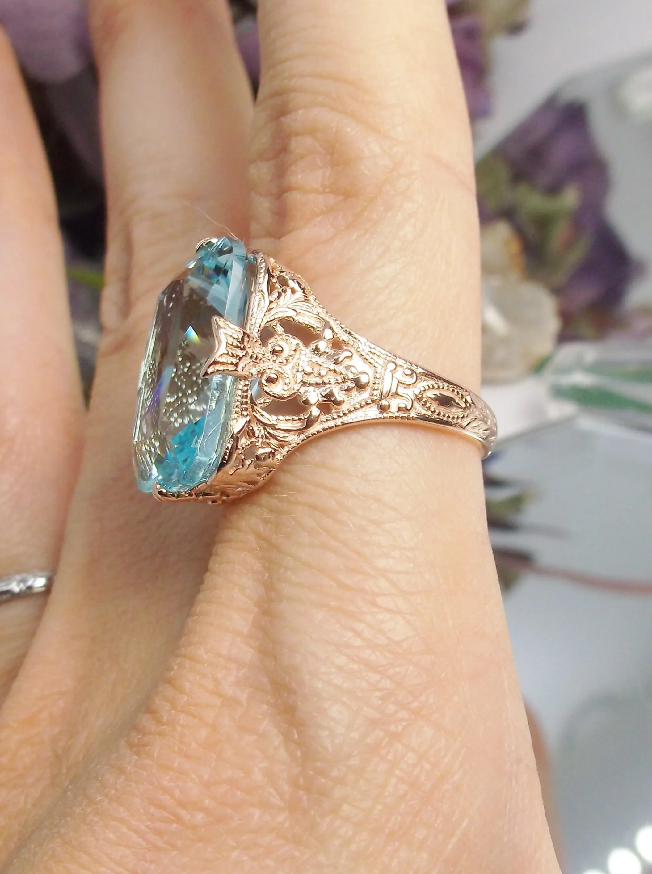 Aquamarine Ring, Rose Gold Vintage Jewelry #D202