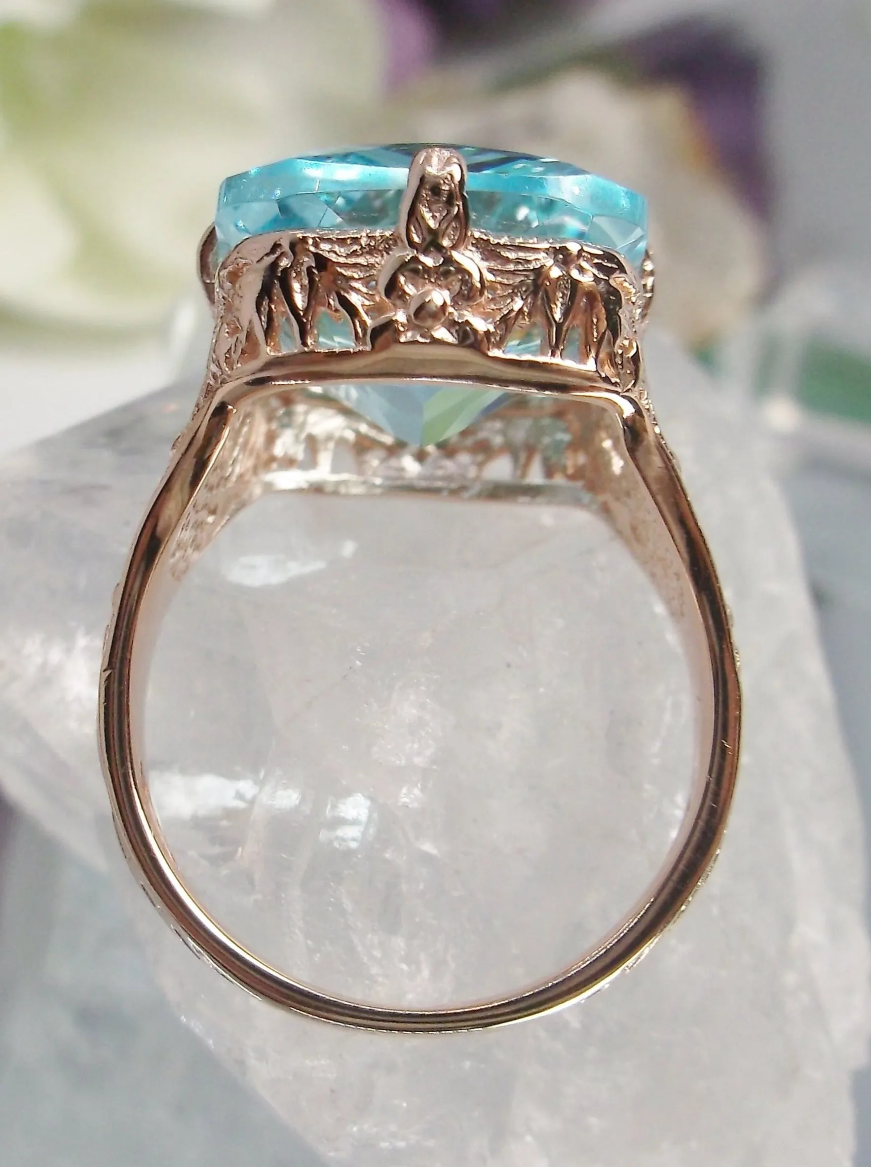 Aquamarine Ring, Rose Gold Vintage Jewelry #D202