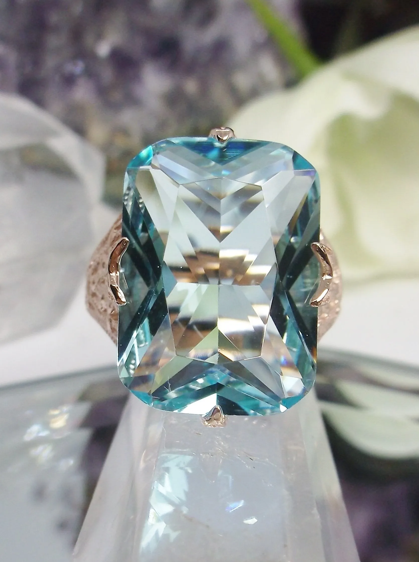Aquamarine Ring, Rose Gold Vintage Jewelry #D202
