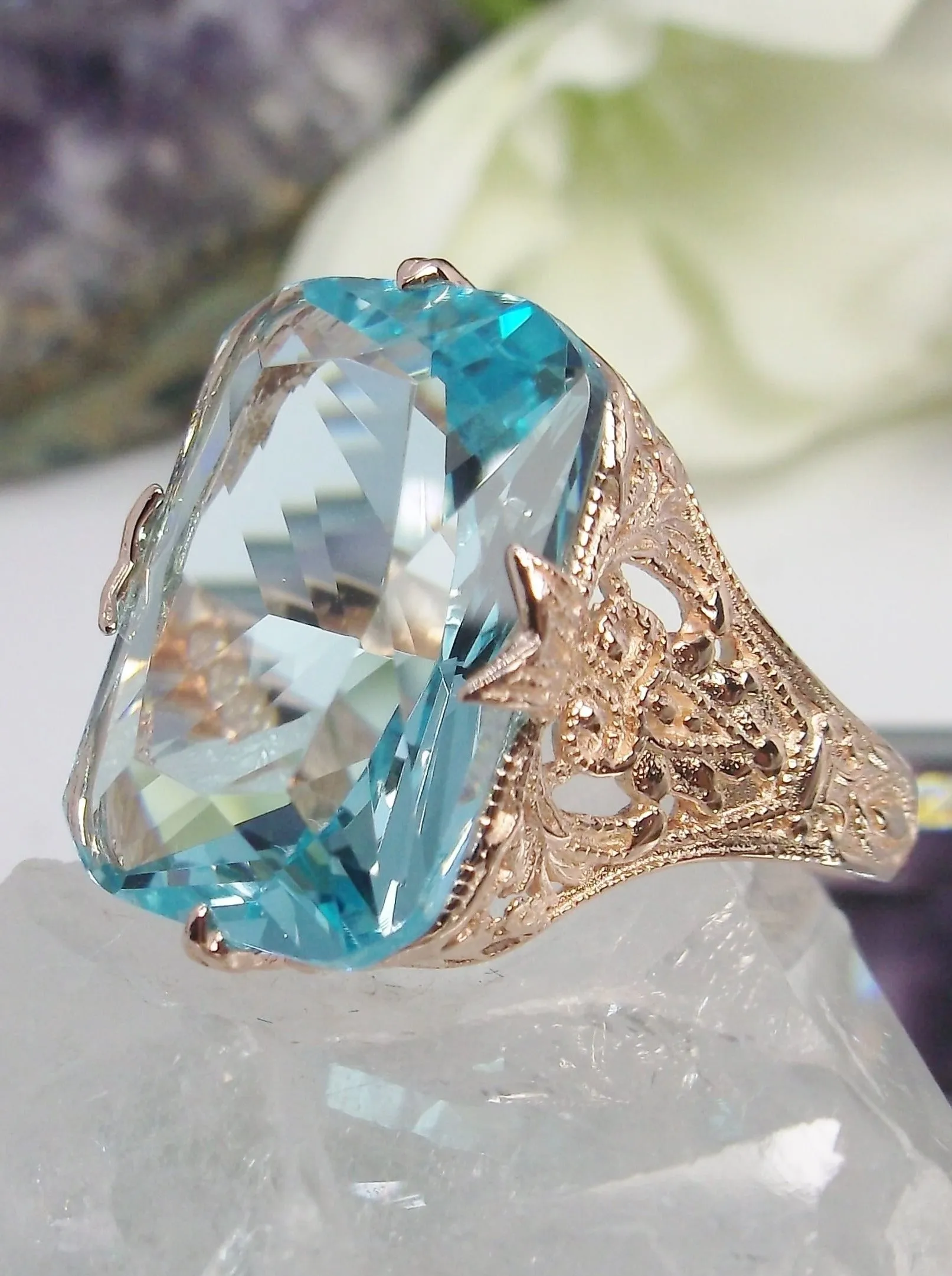 Aquamarine Ring, Rose Gold Vintage Jewelry #D202