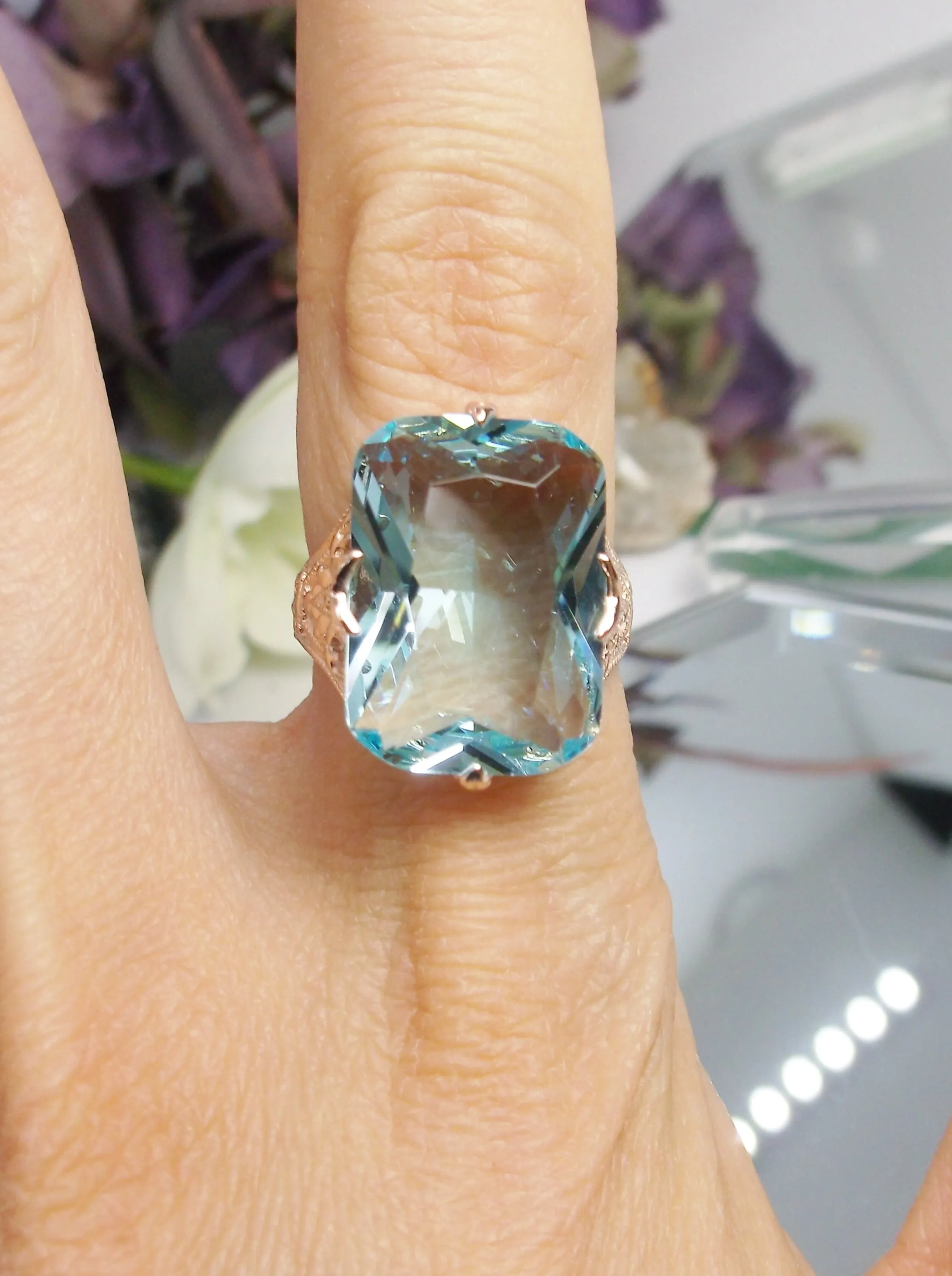 Aquamarine Ring, Rose Gold Vintage Jewelry #D202