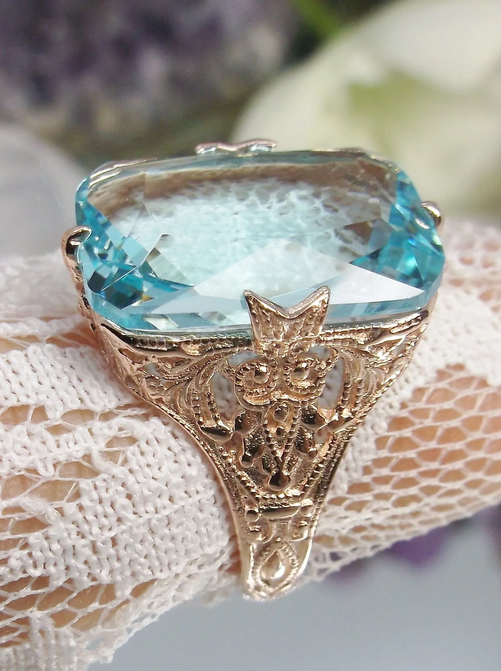 Aquamarine Ring, Rose Gold Vintage Jewelry #D202