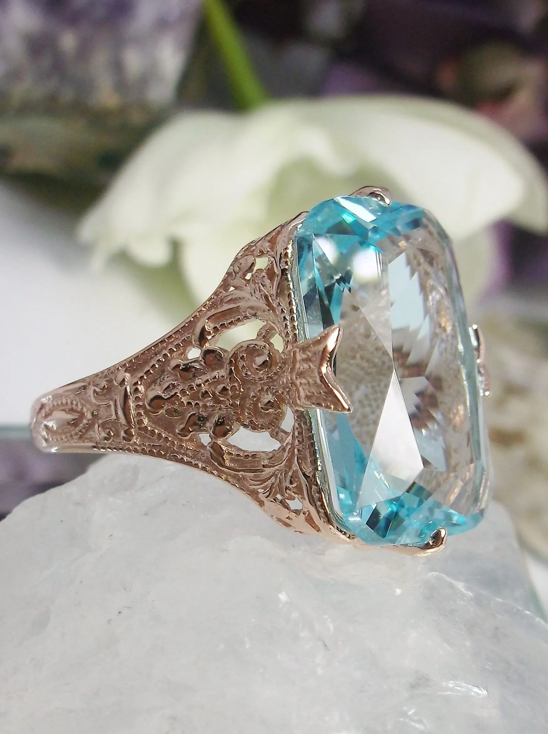 Aquamarine Ring, Rose Gold Vintage Jewelry #D202