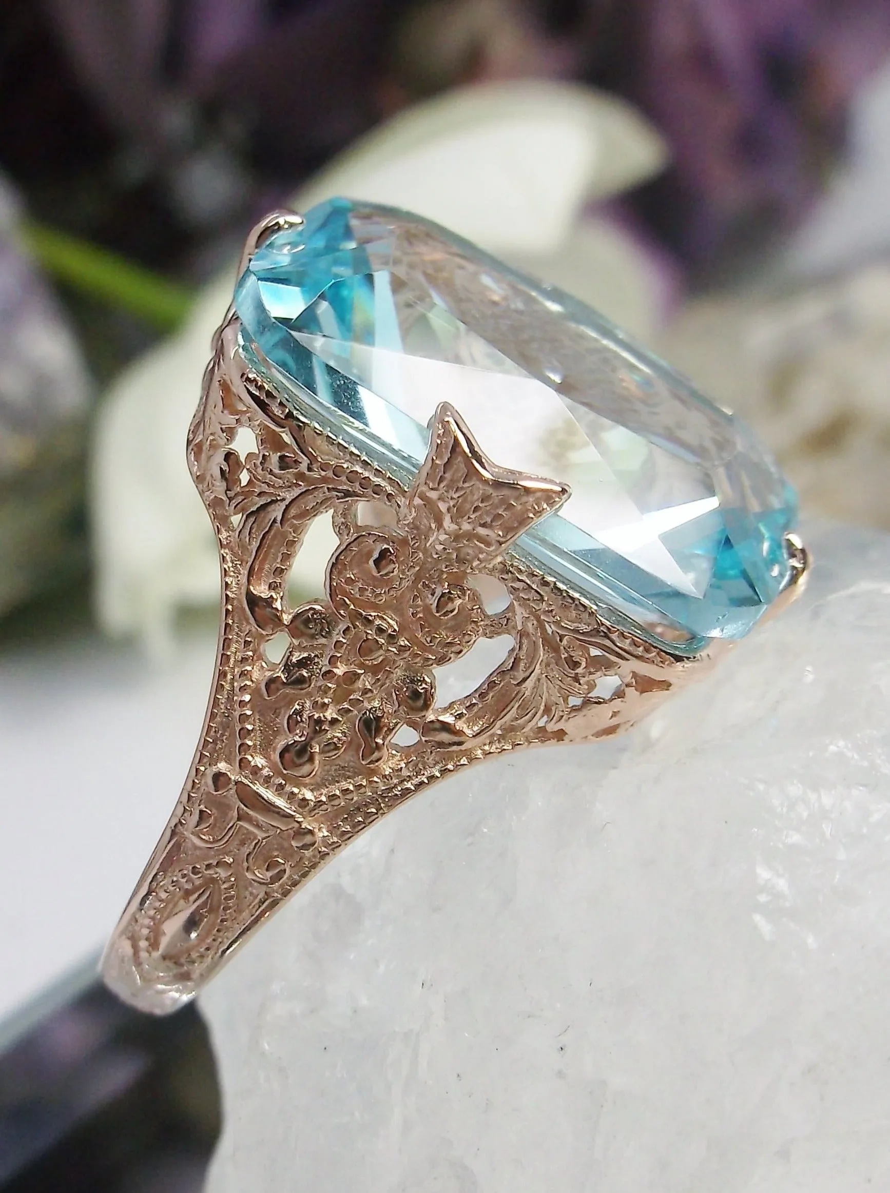 Aquamarine Ring, Rose Gold Vintage Jewelry #D202
