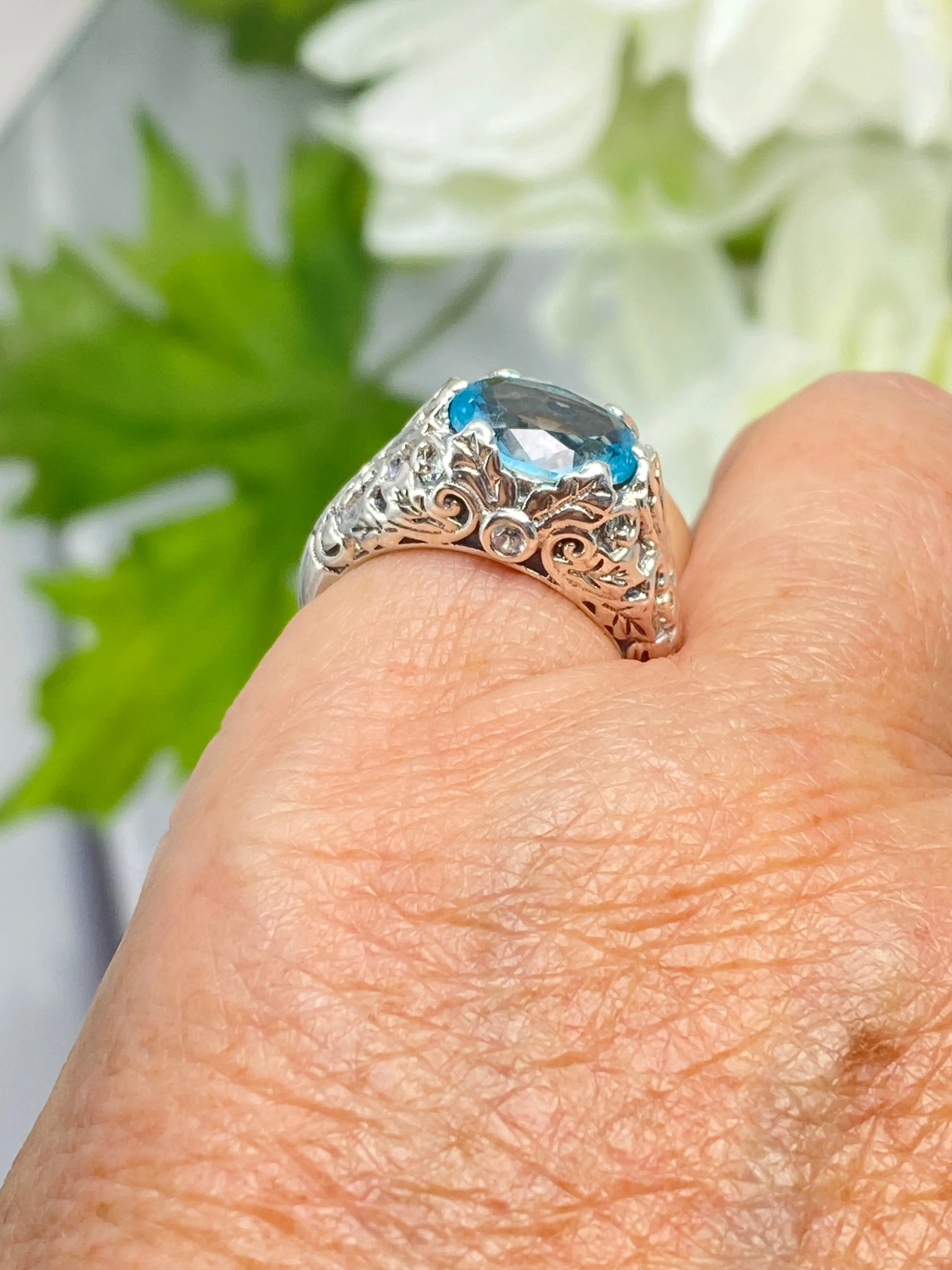 Aquamarine Ring, Sterling Silver Ivy Leaf Filigree Jewelry #D57