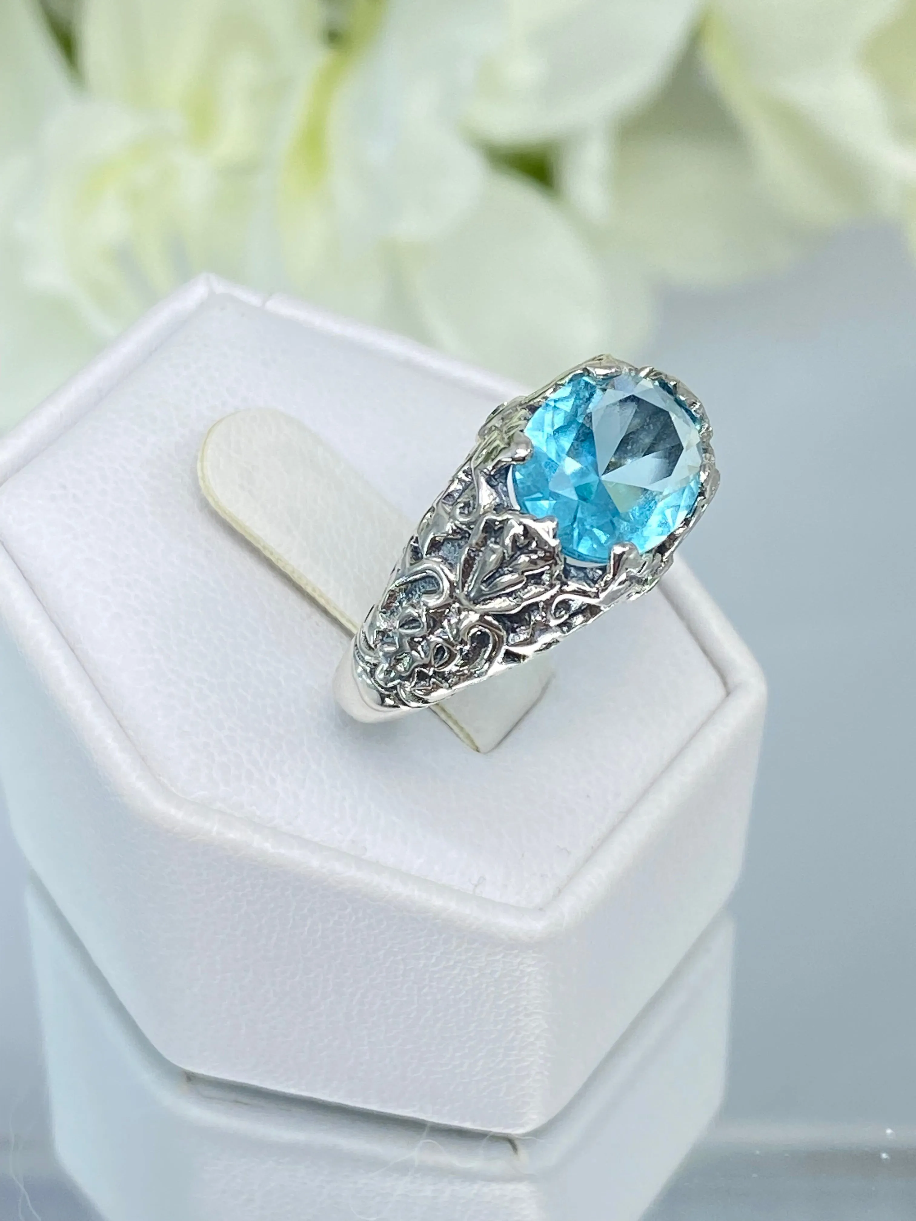 Aquamarine Ring, Sterling Silver Ivy Leaf Filigree Jewelry #D57