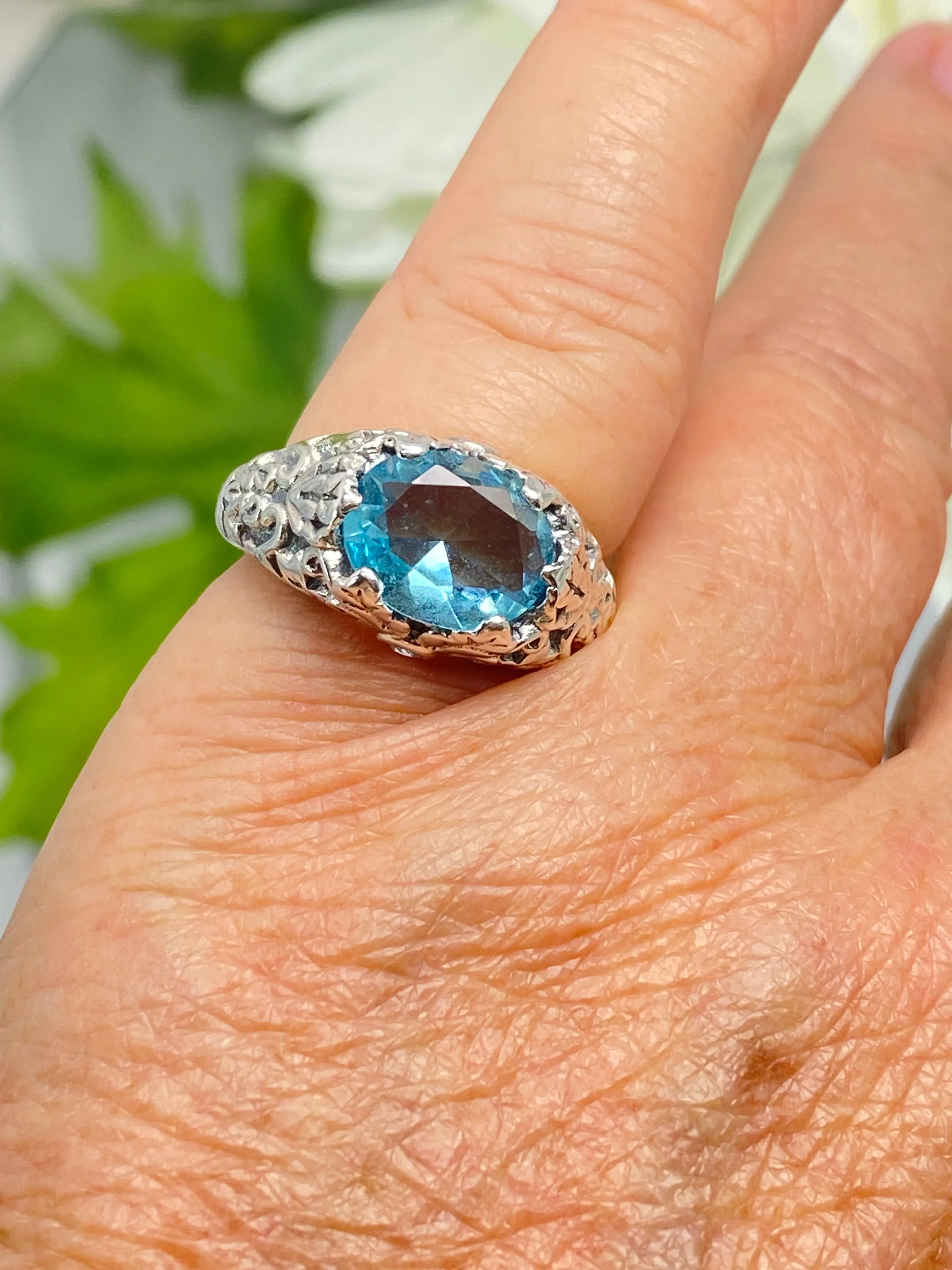 Aquamarine Ring, Sterling Silver Ivy Leaf Filigree Jewelry #D57