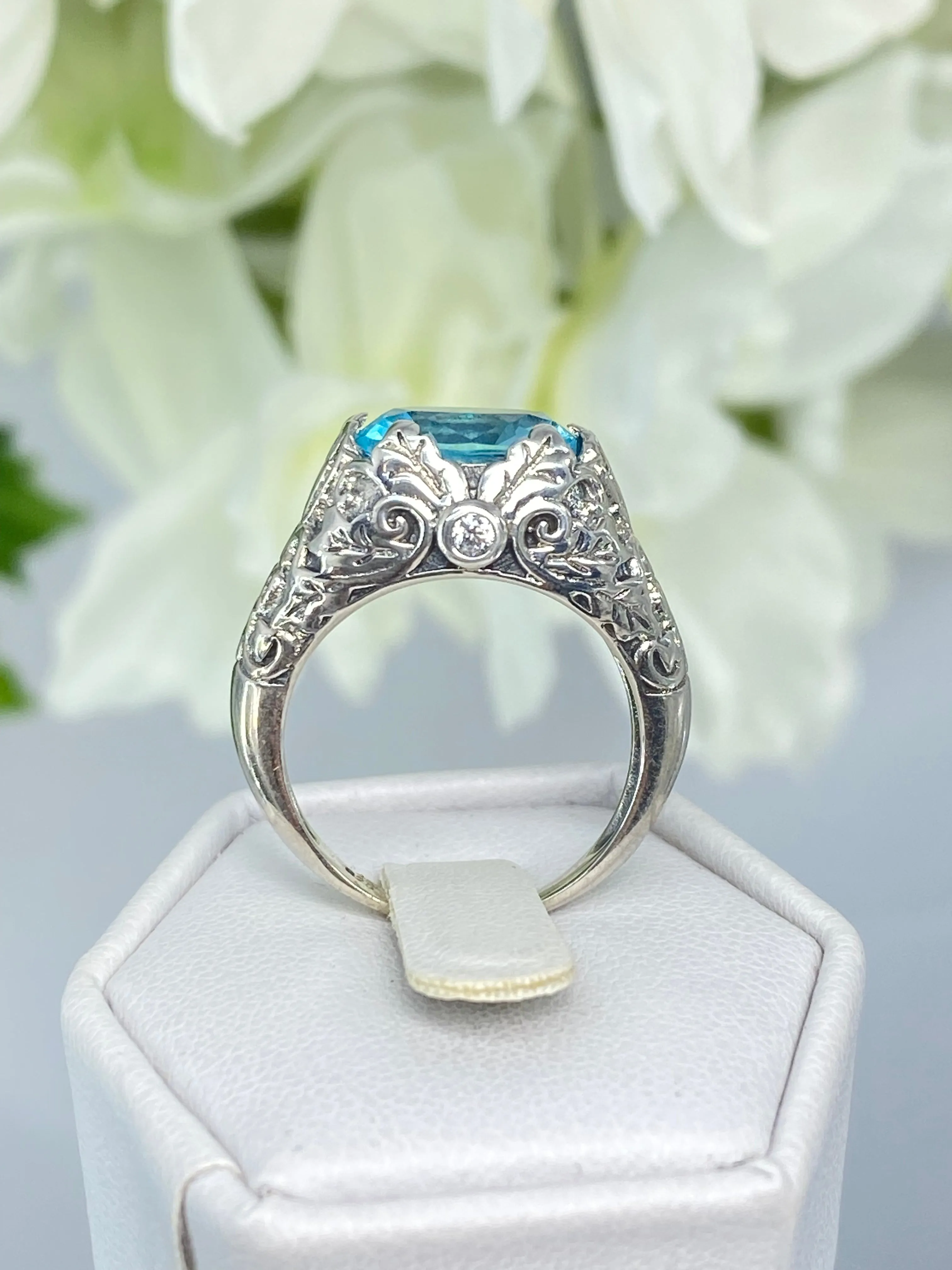 Aquamarine Ring, Sterling Silver Ivy Leaf Filigree Jewelry #D57
