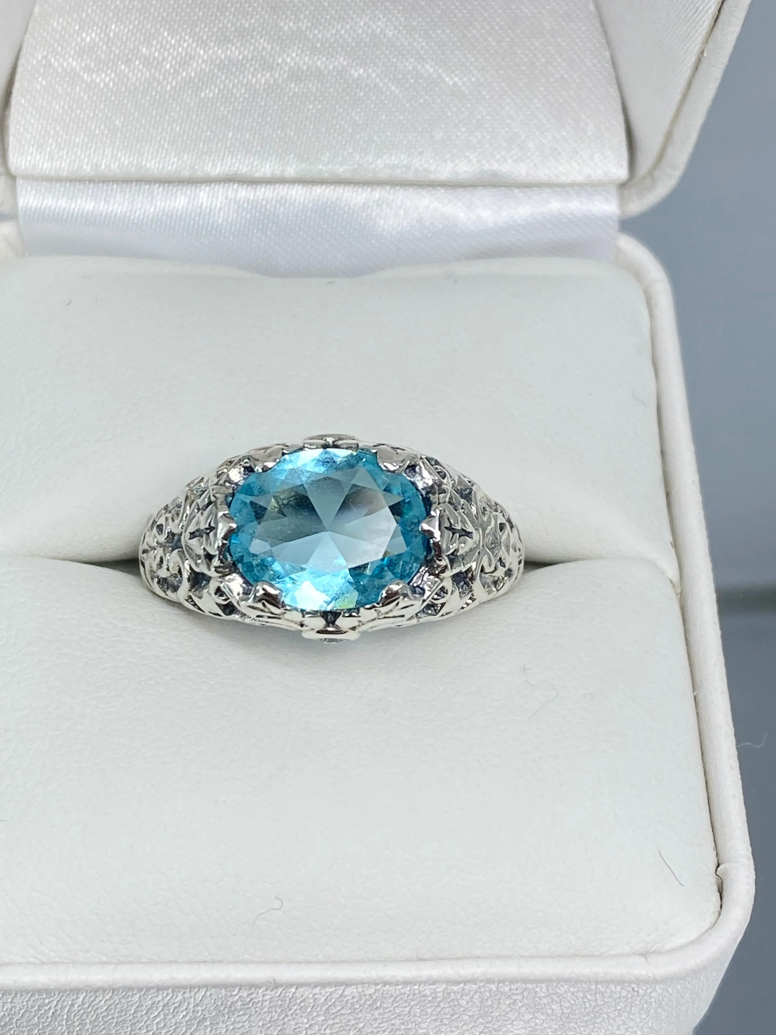 Aquamarine Ring, Sterling Silver Ivy Leaf Filigree Jewelry #D57