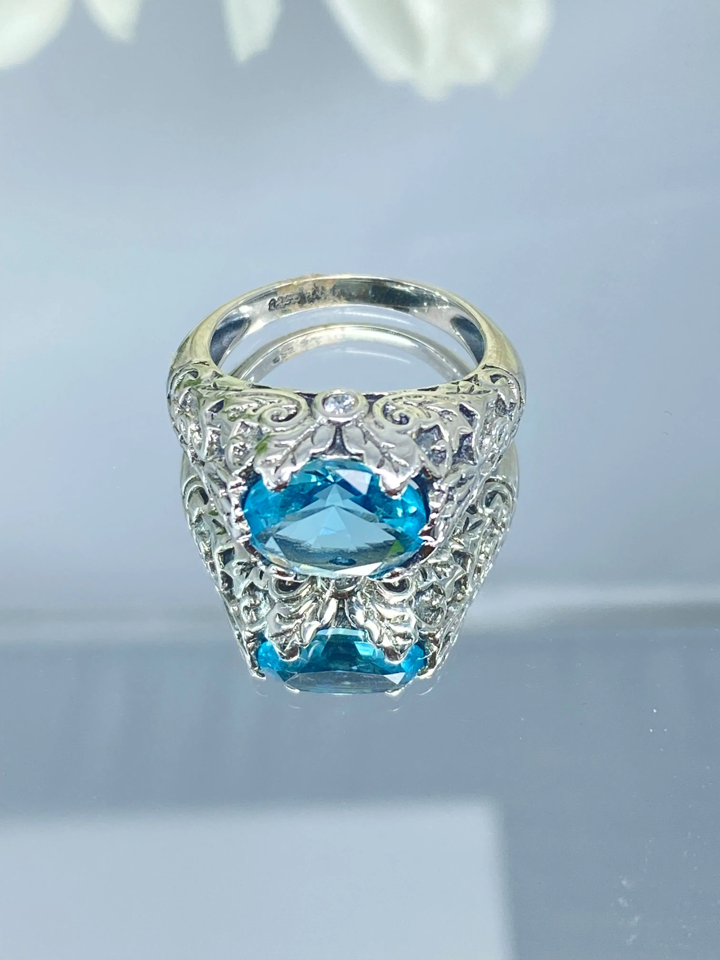Aquamarine Ring, Sterling Silver Ivy Leaf Filigree Jewelry #D57