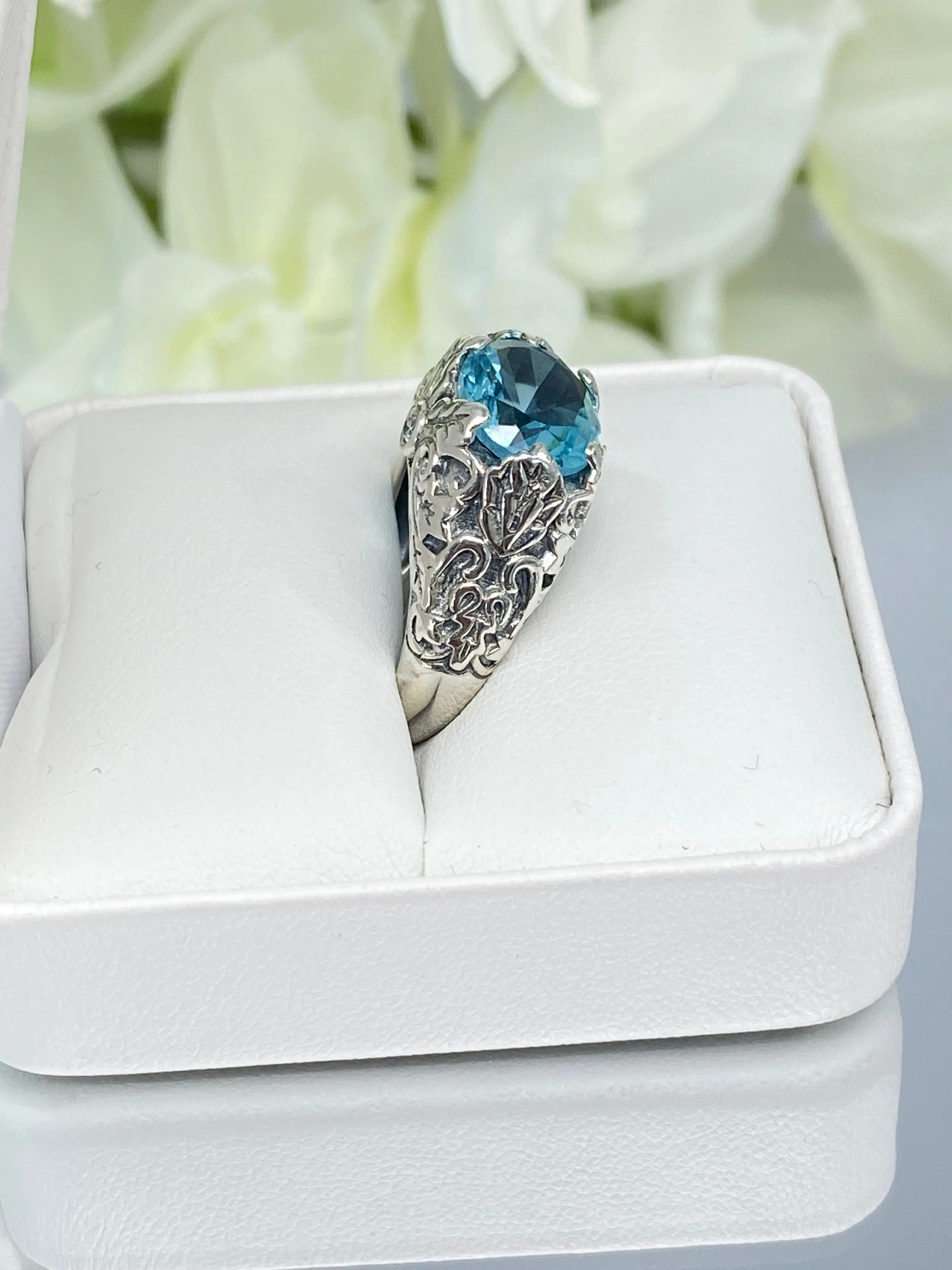 Aquamarine Ring, Sterling Silver Ivy Leaf Filigree Jewelry #D57