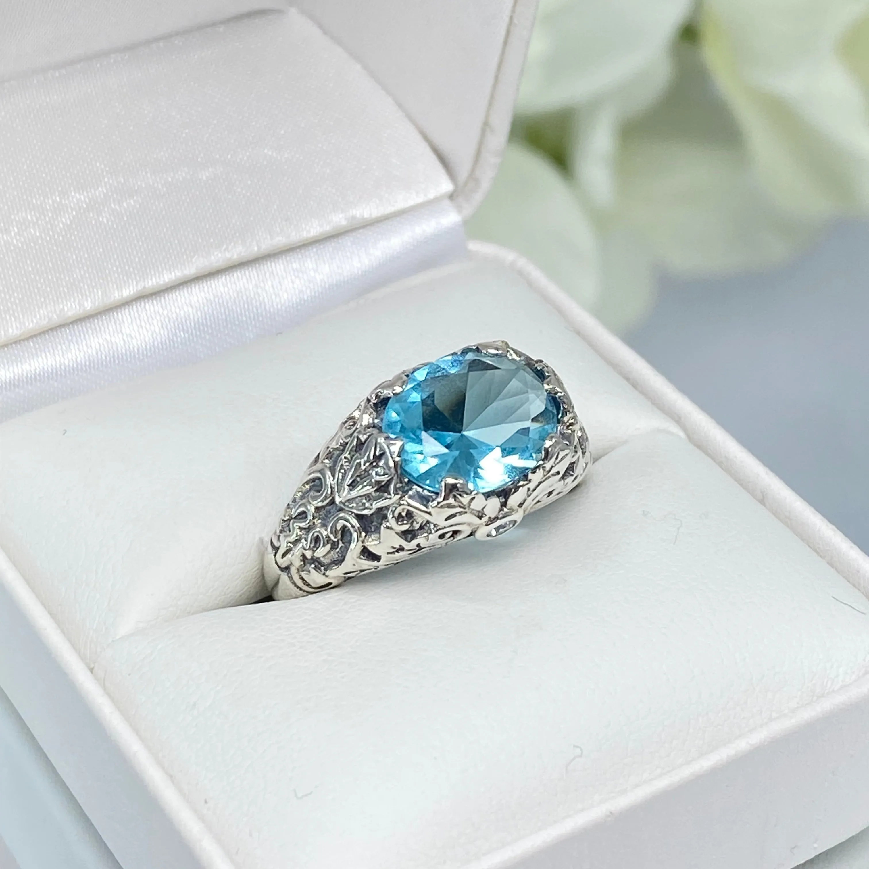 Aquamarine Ring, Sterling Silver Ivy Leaf Filigree Jewelry #D57