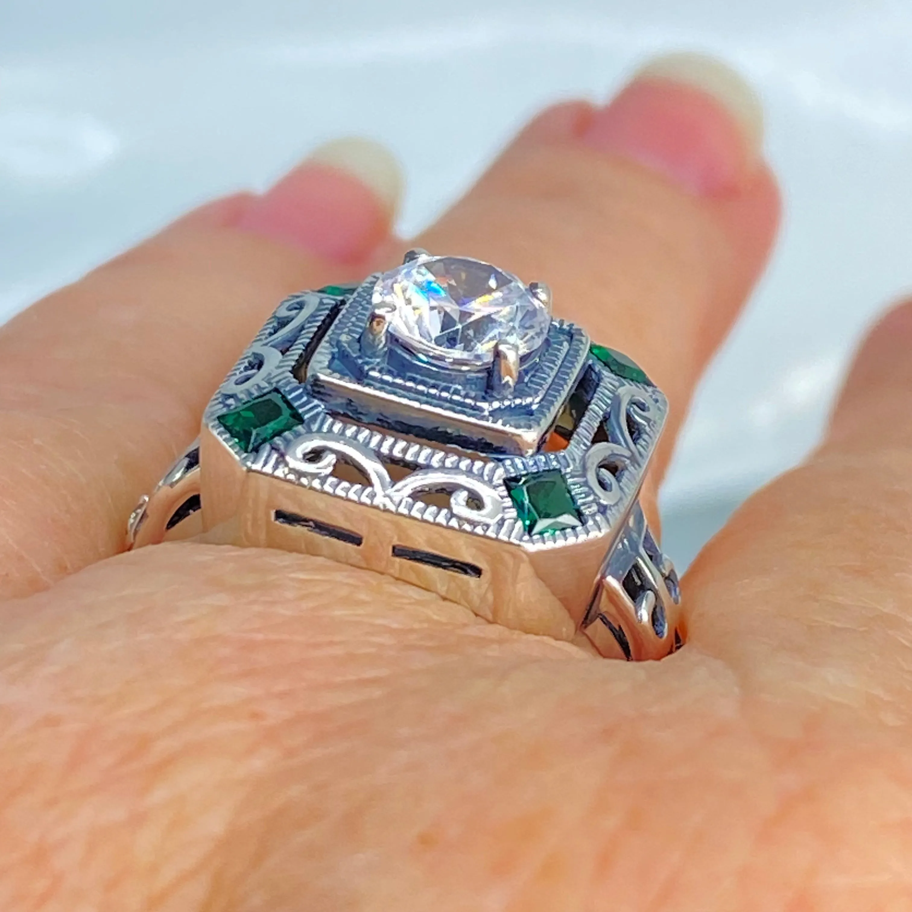 Art Deco Ring, Emerald Vintage Revival Jewelry #D68