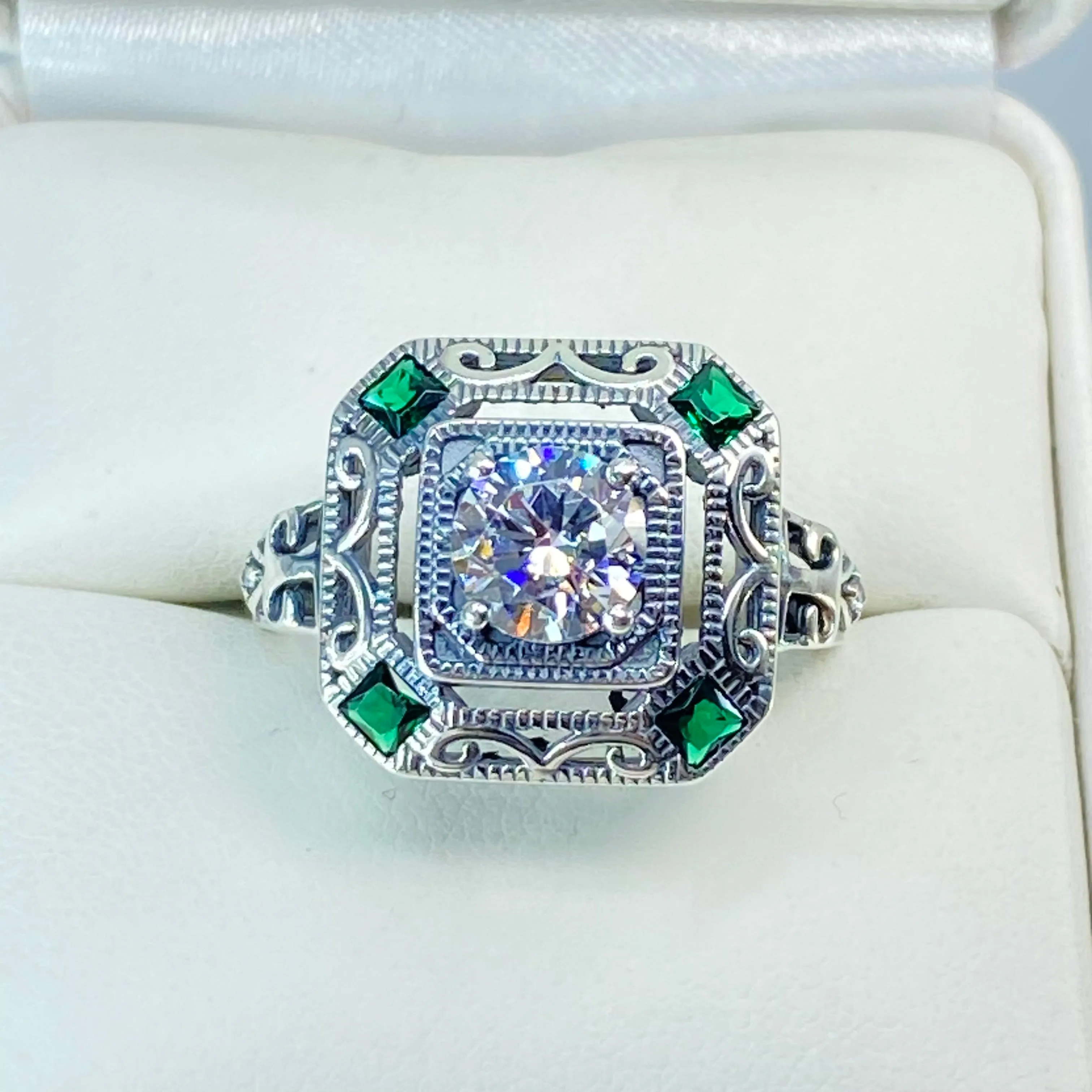 Art Deco Ring, Emerald Vintage Revival Jewelry #D68