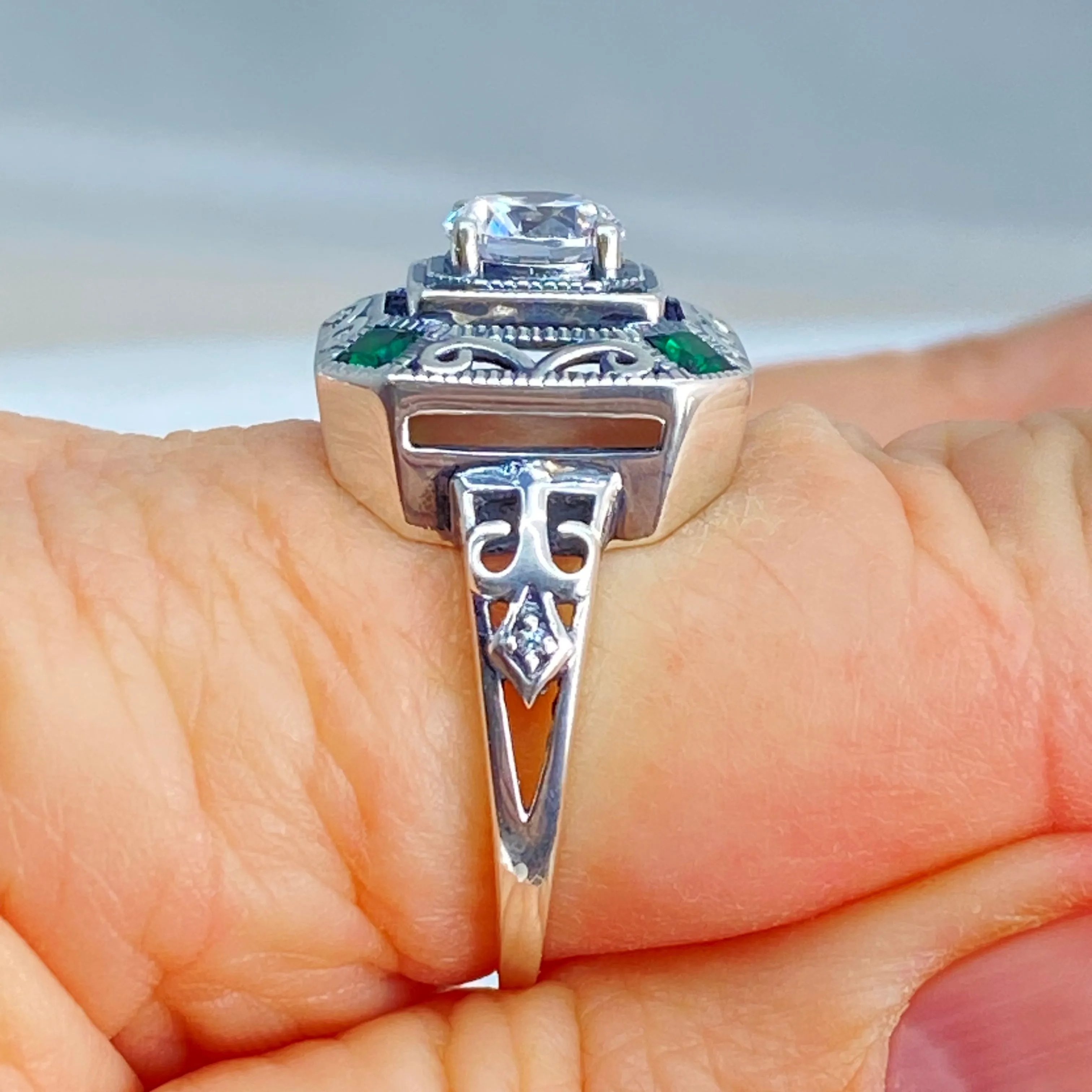 Art Deco Ring, Emerald Vintage Revival Jewelry #D68