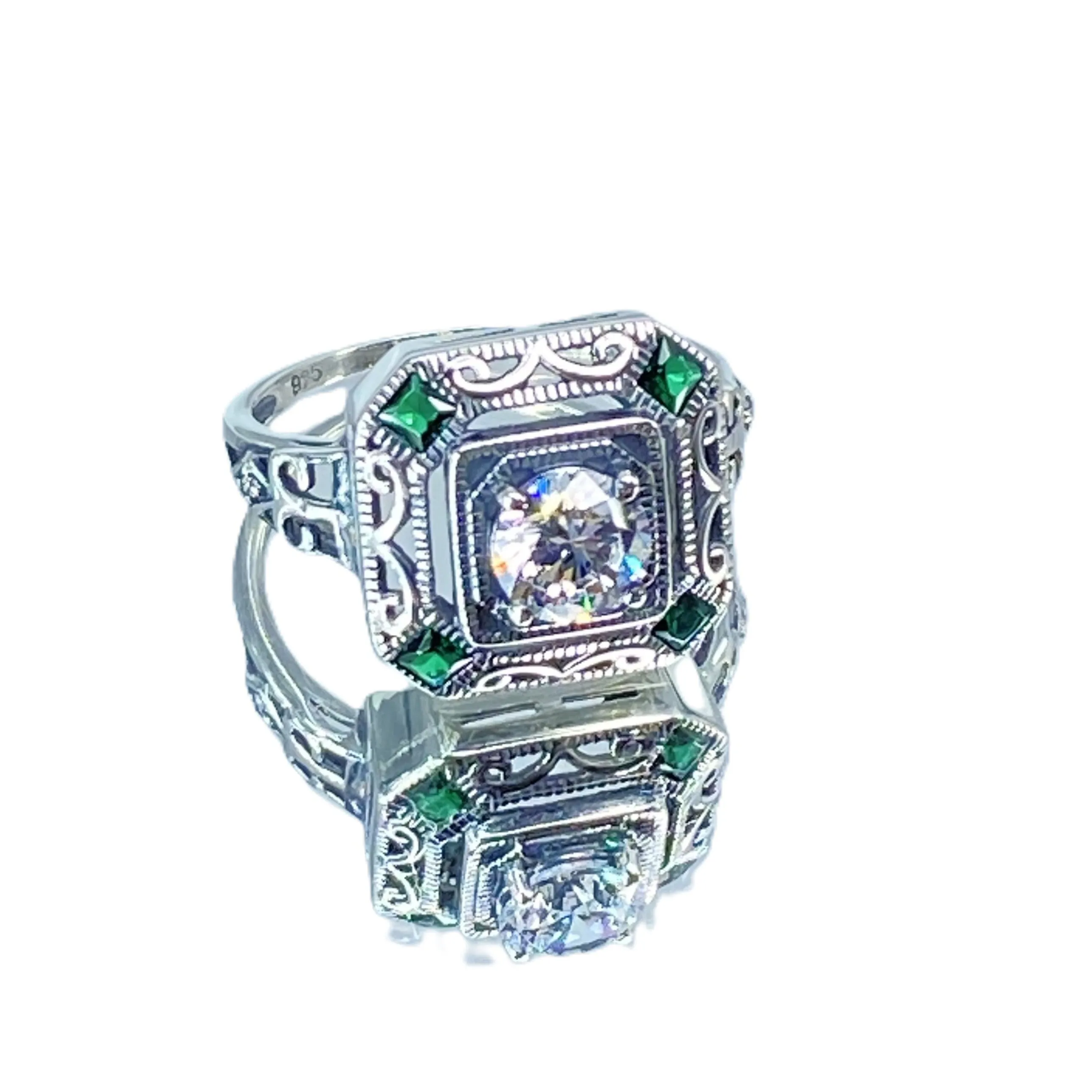 Art Deco Ring, Emerald Vintage Revival Jewelry #D68
