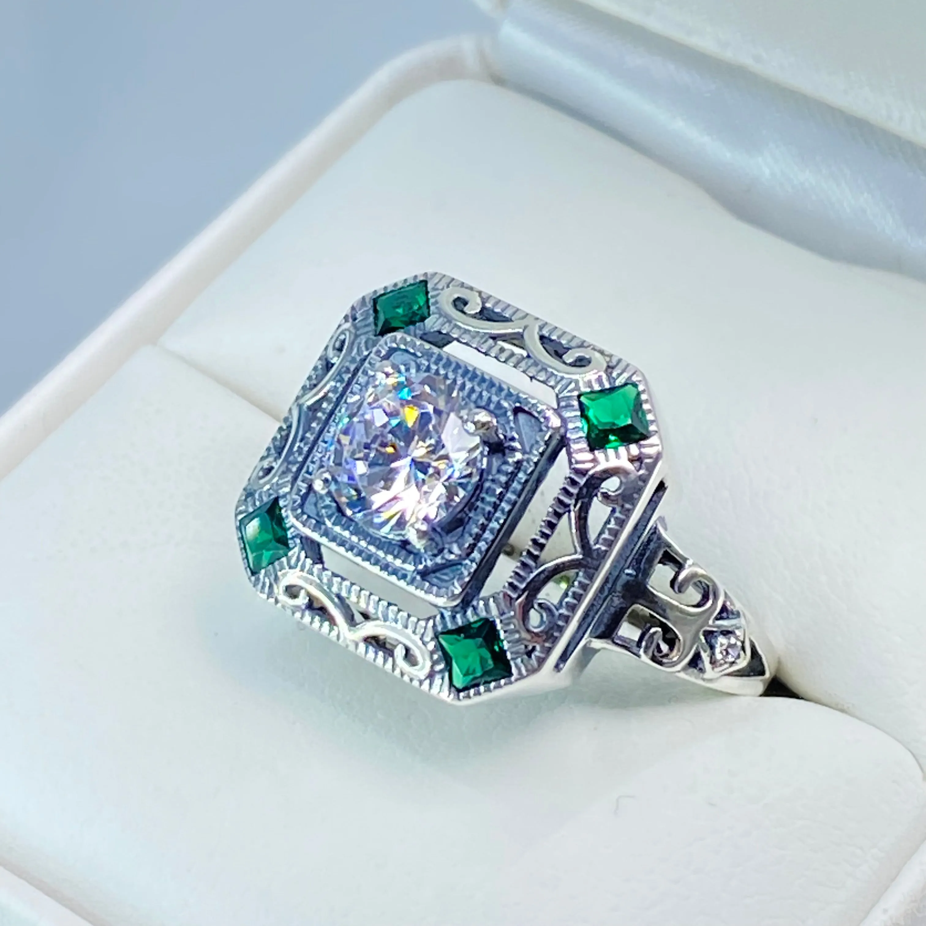 Art Deco Ring, Emerald Vintage Revival Jewelry #D68