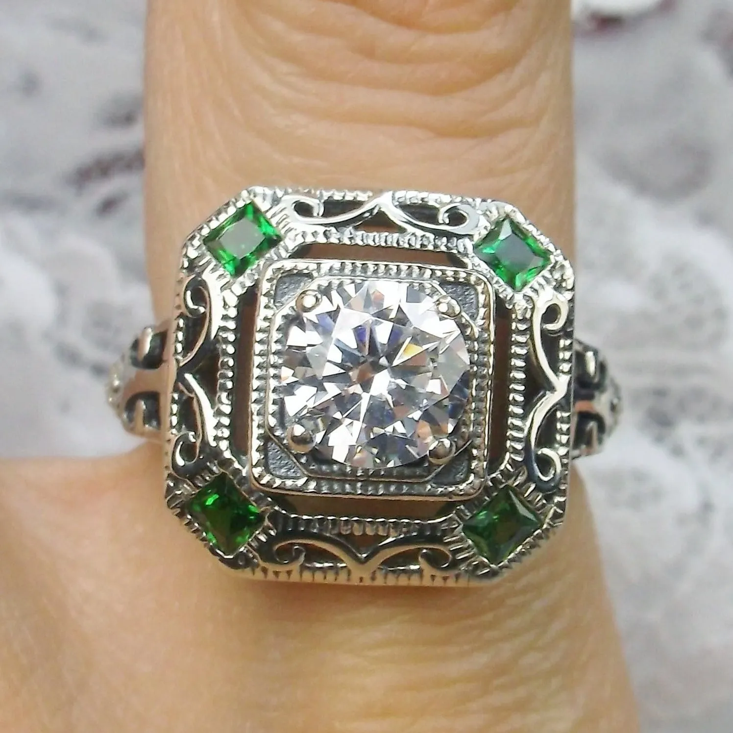 Art Deco Ring, Emerald Vintage Revival Jewelry #D68