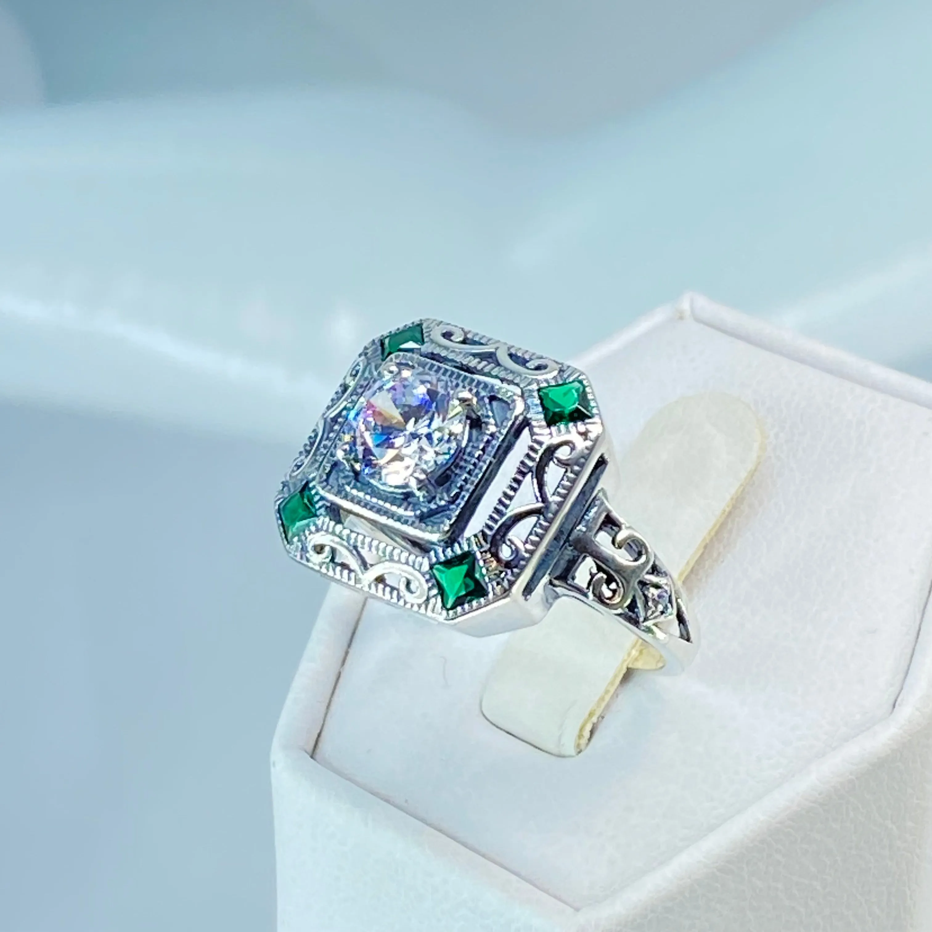 Art Deco Ring, Emerald Vintage Revival Jewelry #D68