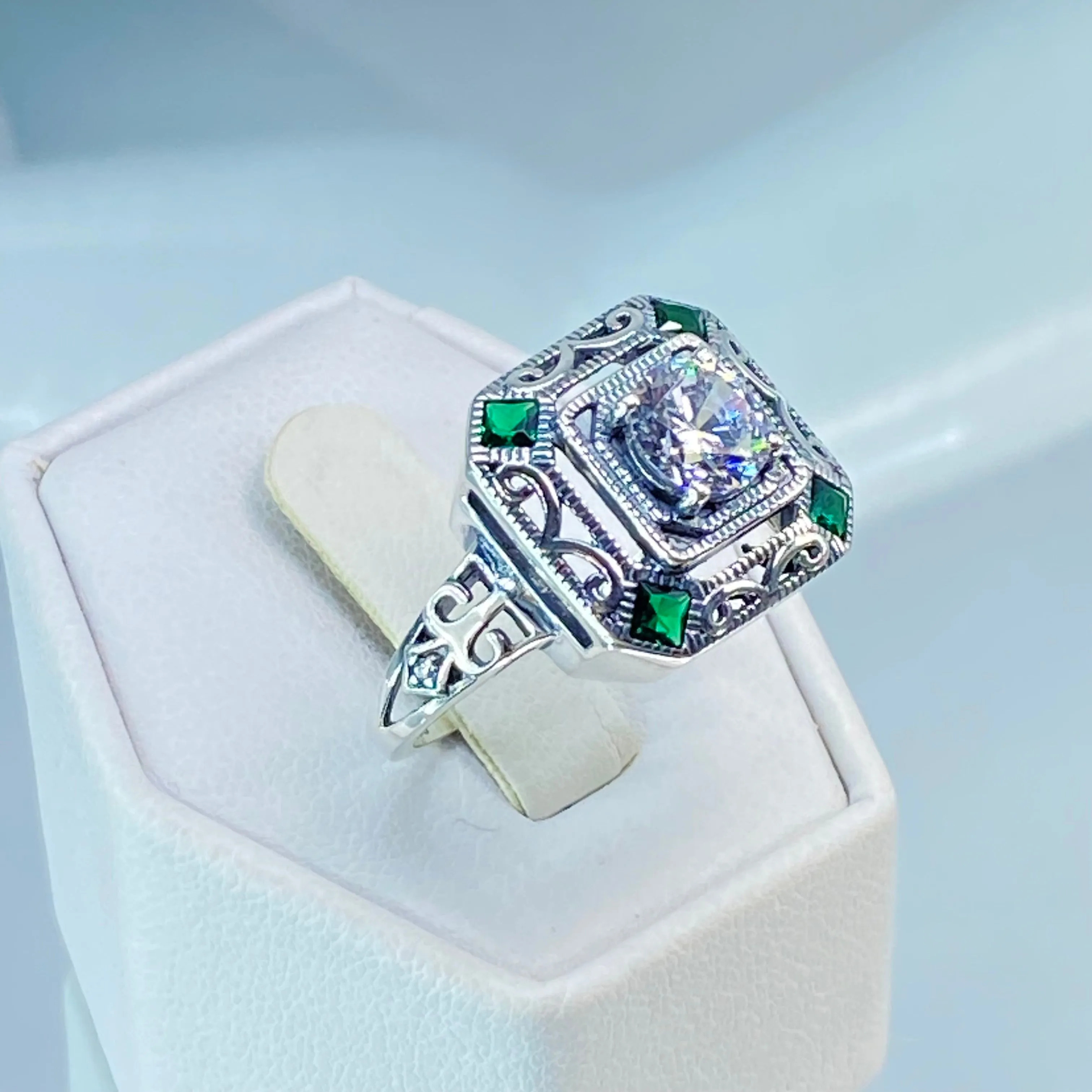 Art Deco Ring, Emerald Vintage Revival Jewelry #D68