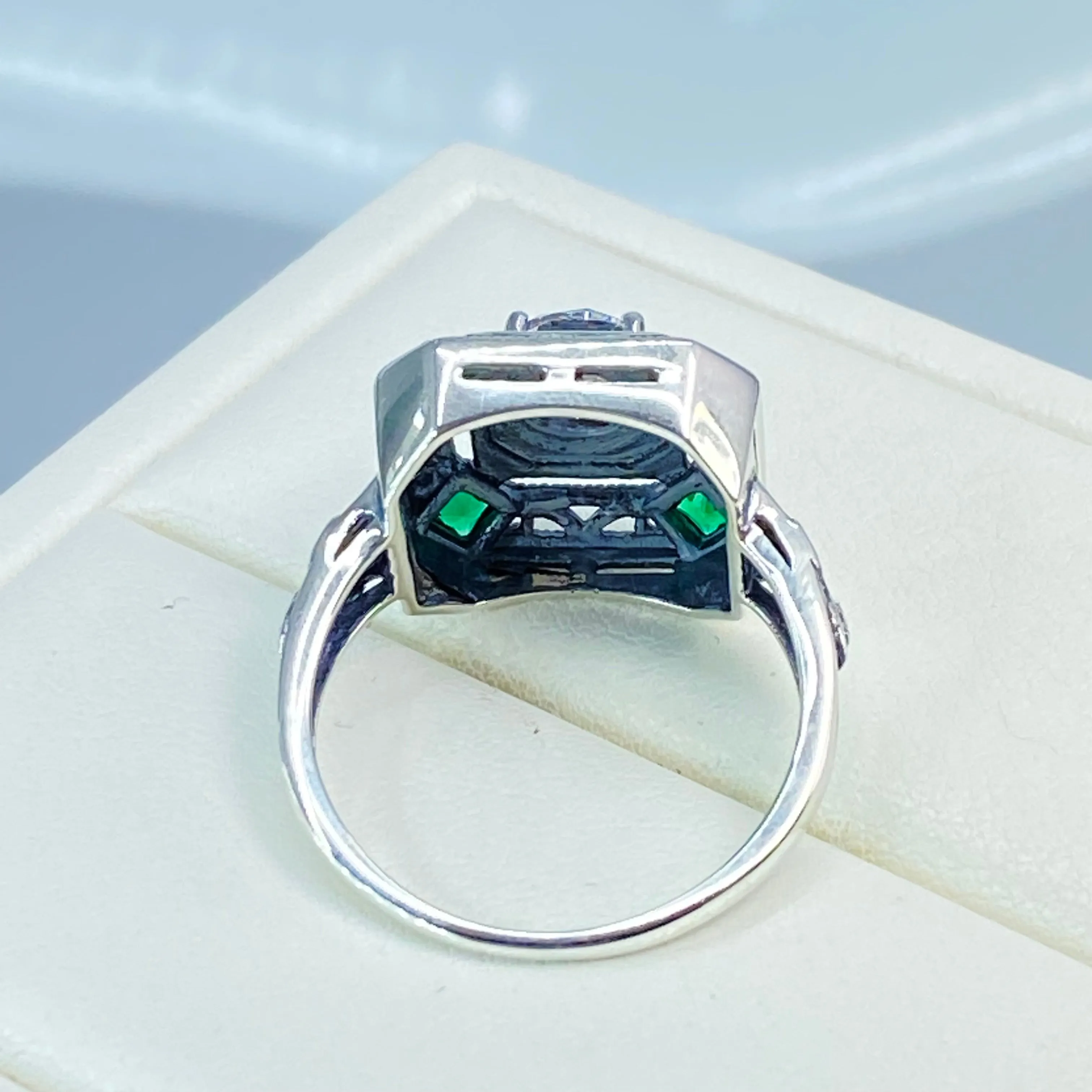 Art Deco Ring, Emerald Vintage Revival Jewelry #D68