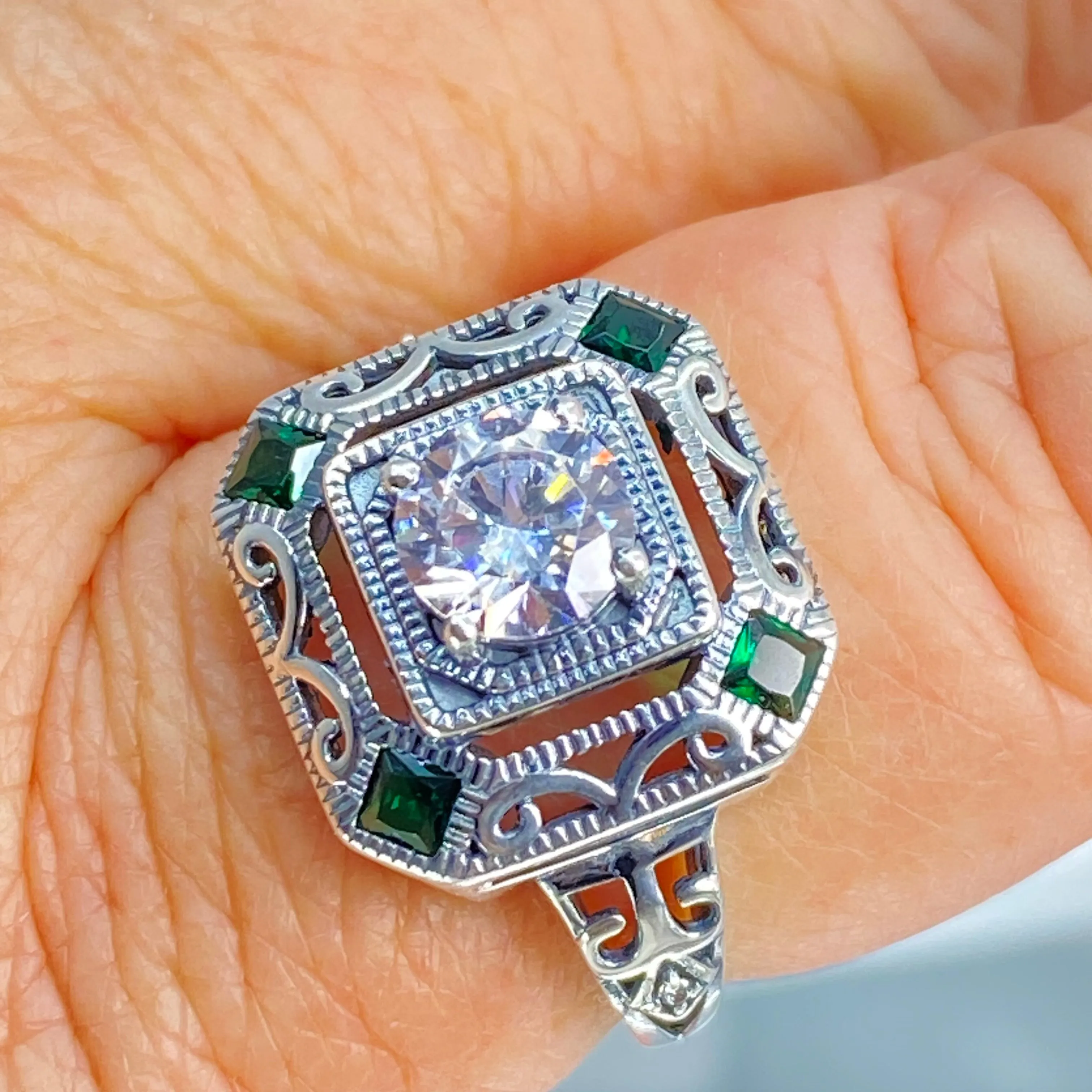 Art Deco Ring, Emerald Vintage Revival Jewelry #D68