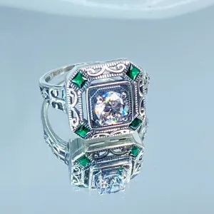 Art Deco Ring, Emerald Vintage Revival Jewelry #D68