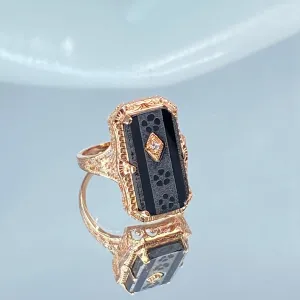 Black Camphor Glass Ring, Rose Gold overlay, 1915 Vintage style, Edwardian Jewelry #D232