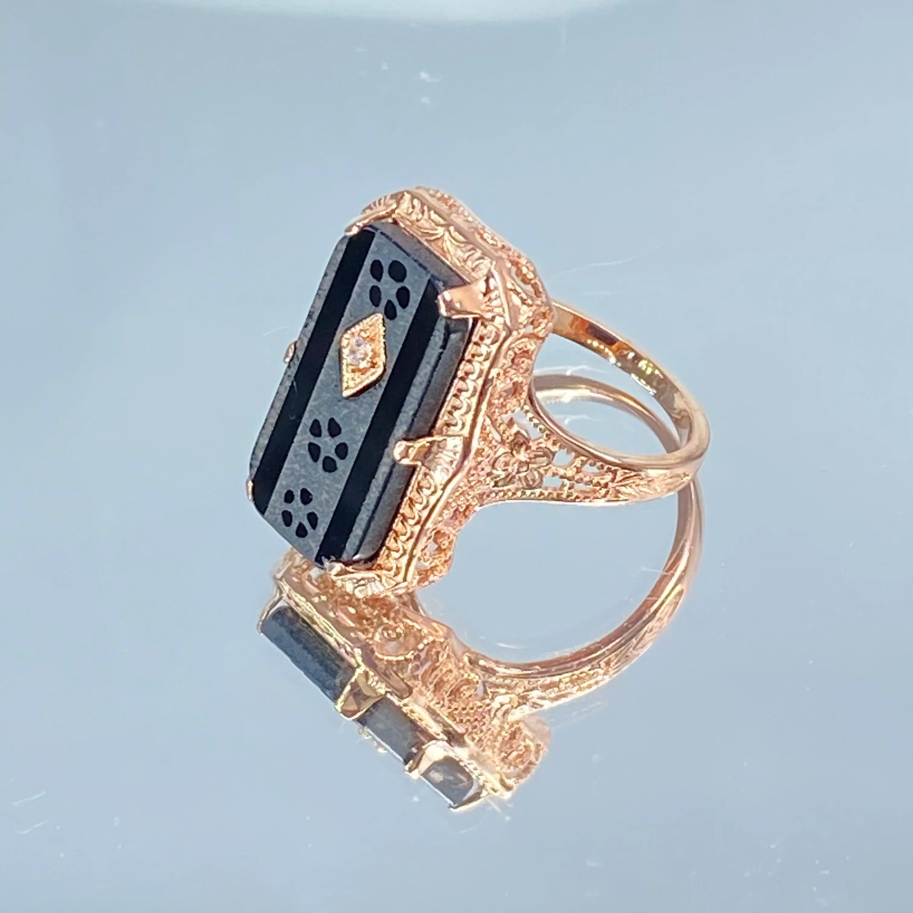 Black Camphor Glass Ring, Rose Gold overlay, 1915 Vintage style, Edwardian Jewelry #D232